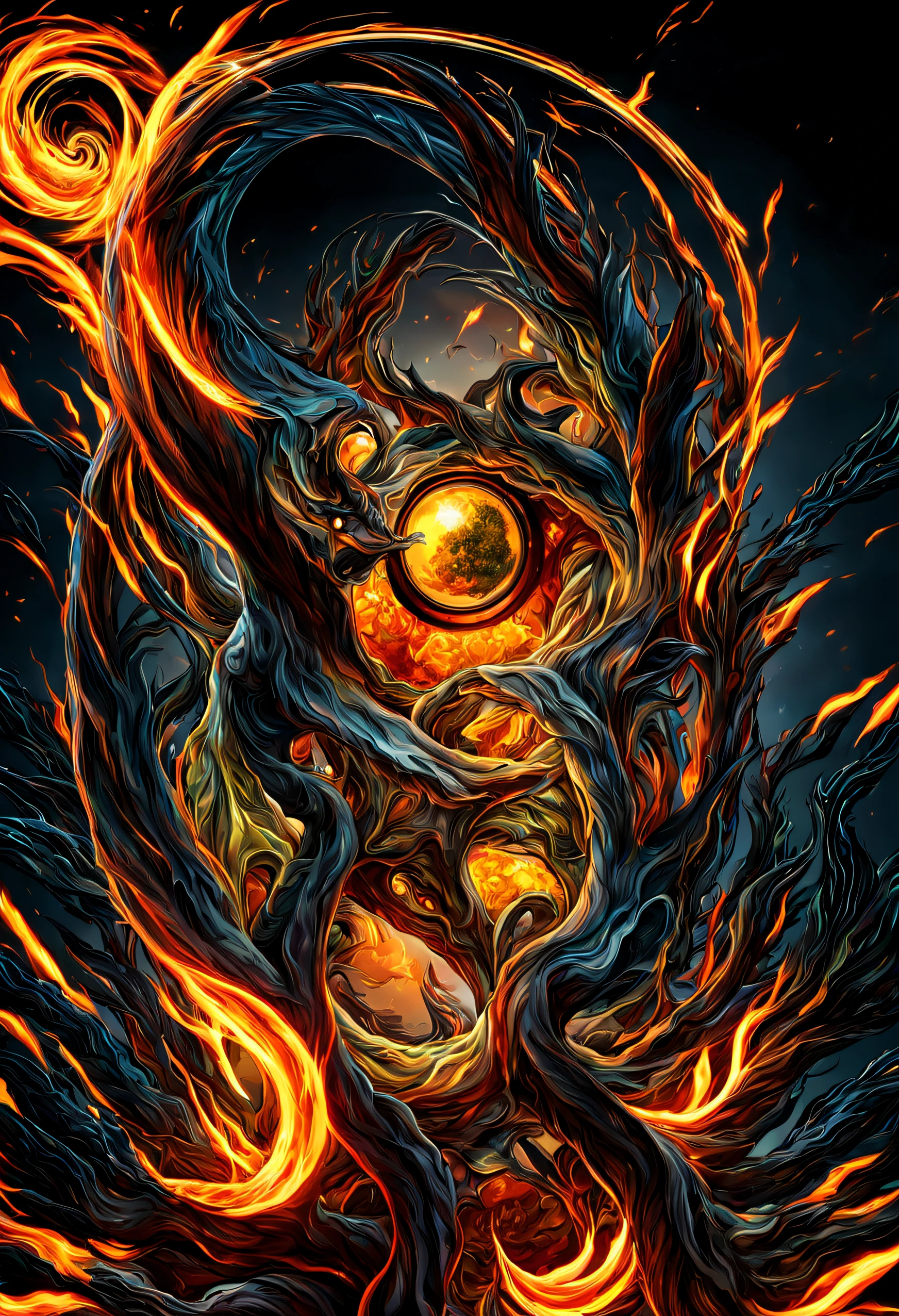 The flame burns in a circle, fiery, Icon with fire halo, Ring of Fire, balls of fire, , Orange flame in the background, One guy, Fire type, (Fiery), Black fireball, Farenado, Flame Hell, hell, fire theme, Fiery, Hellfire, hell, flashy, Molten glass ball image，There is scenery inside, Detailed digital 3D artwork, tree of life inside the ball, Highly Detailed 4K Digital Art, Advanced digital art, stylized digital art, highly detailed digital painting, glass orbs, highly detailed digital painting, Advanced digital art, 3d rendering beep sound, 8k impression art