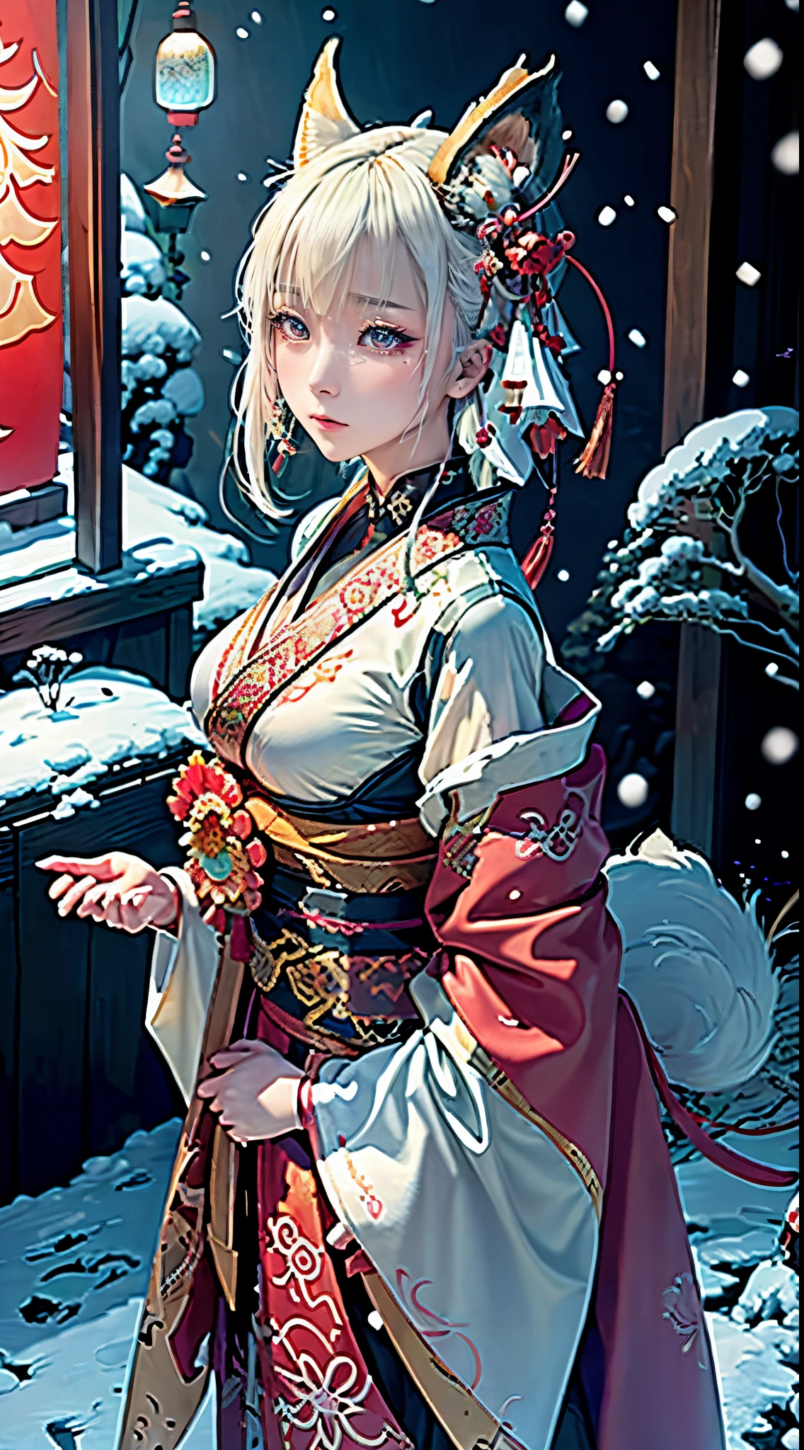 anime - style image of a short-white hair warrior woman, clothes only have white and black colour, samurai kimono, empty hand, white lotus, cry,, a character portrait, fantasy art, background is a winter japan mountain shrine, cyberpunk shrine maiden with fox ears and fox tails, dark white and bold red color, natural lighting, robot fox companions, fighting pose,​masterpiece, 1 beautiful girl, Detailed eye, Swollen eyes, top-quality, A high resolution, an asian beauty, very extremely beautiful, Beautiful skins, A slender, Forward-facing body, (A hyper-realistic), (high resolution), (4K), (highly detailed),( Best Illustration), (beautifully detailed eyes), (ultra-detailed), Detailed face, Bright lighting, Professional Lighting, distance view, (Snow, winter:1.2), (lantern),