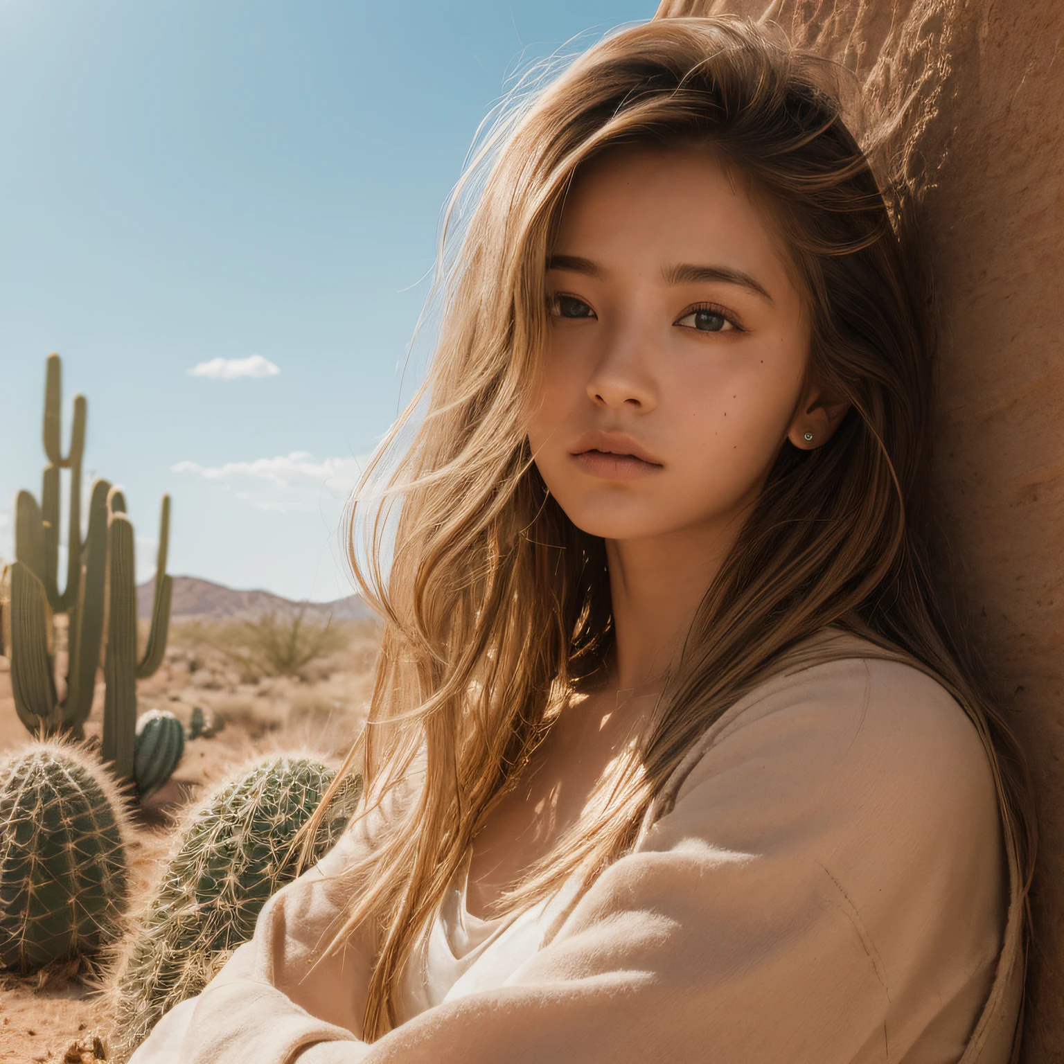 ((of the highest quality)),((masutepiece)),((Very beautiful)), unique light and shadow, One girl, hair messy, Realistic skin texture, rugged desert, cacti, Feminine pose