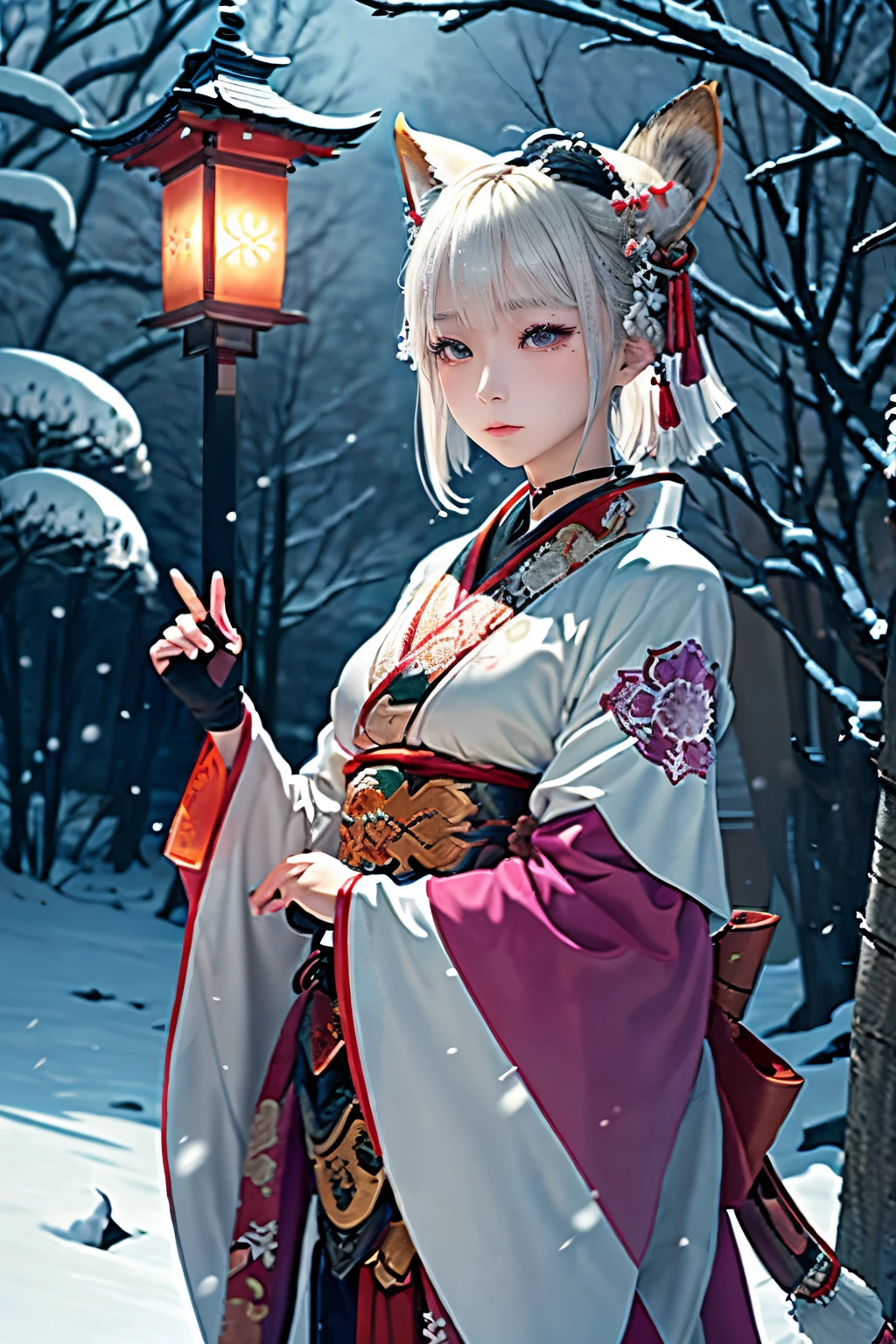 anime - style image of a short-white hair warrior woman, clothes only have white and black colour, samurai kimono, empty hand, white lotus, cry,, a character portrait, fantasy art, background is a winter japan mountain shrine, cyberpunk shrine maiden with fox ears and fox tails, dark white and bold red color, natural lighting, robot fox companions, fighting pose,​masterpiece, 1 beautiful girl, Detailed eye, Swollen eyes, top-quality, A high resolution, an asian beauty, very extremely beautiful, Beautiful skins, A slender, Forward-facing body, (A hyper-realistic), (high resolution), (4K), (highly detailed),( Best Illustration), (beautifully detailed eyes), (ultra-detailed), 详细的脸, Bright lighting, Professional Lighting, distance view, (Snow, winter:1.2), (lantern),