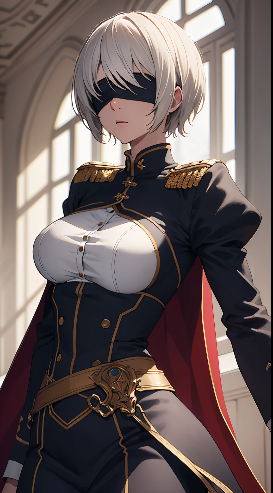 (extremely detailed CG unity 8k wallpaper), (masterpiece), (best quality), (ultra-detailed), (best illustration), (best shadow), (absurdres), 2b, 1girl, short hair, short ponytail, normal size , white hair, blindfold solo, Intimidating women, admiral uniform, night, hero pose, white clothes, General Uniform, Military Uniform, Sunlight, exposed to sunlight,commander, cape, fighting, ((beautiful fantasy girl)), (Master Part: 1.2), Best Quality, High Resolution, photorealestic, photogenic, Unity 8k Wallpaper, perfect lighting, (perfect arms, perfect anatomy) beatiful face, intricate details, lifelike details, the anime, The Perfect Girl, perfect details, ultra HD |, 8k, Professional photo