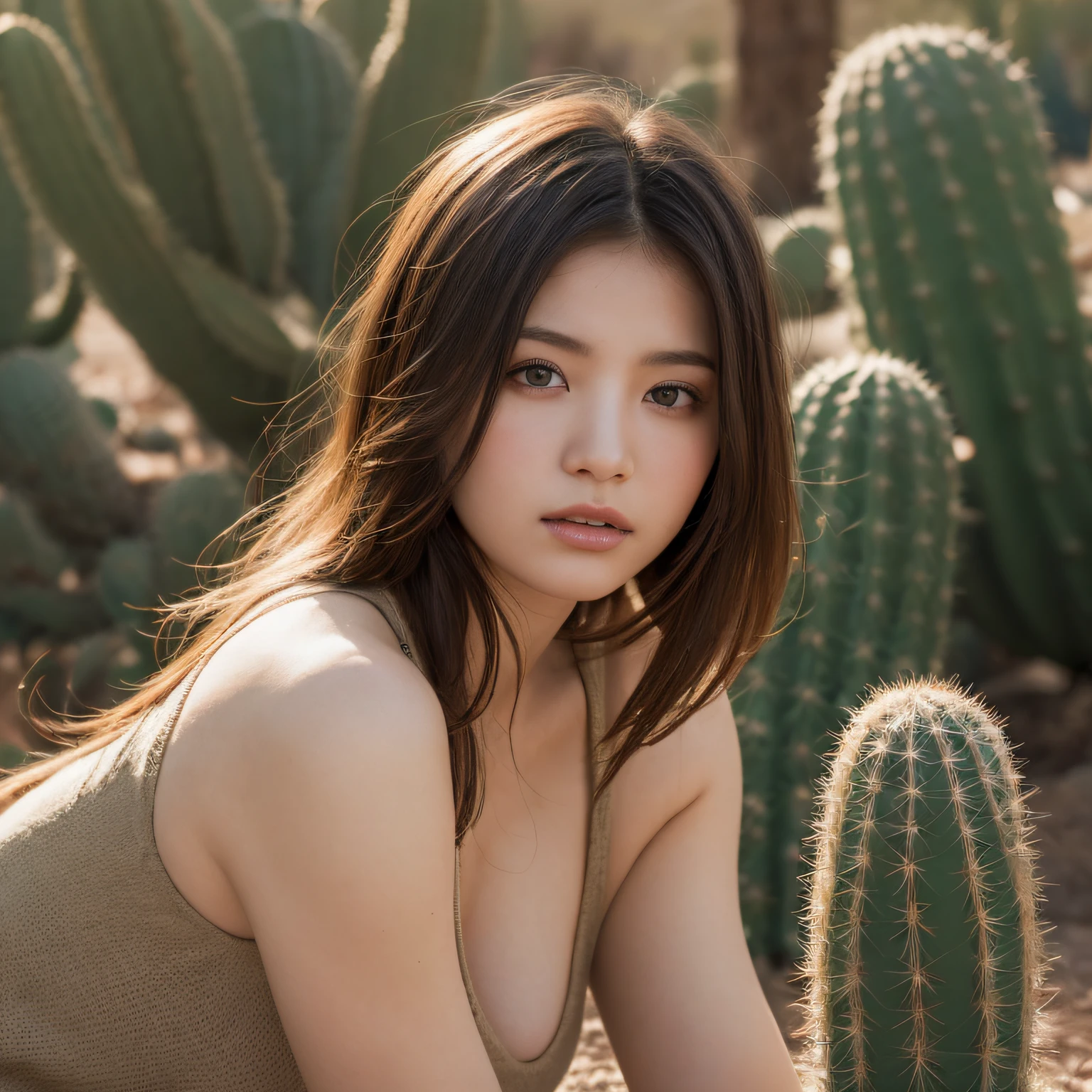 ((of the highest quality)),((masutepiece)),((Very beautiful)), unique light and shadow, One girl, hair messy, Realistic skin texture, rugged desert, cacti, Feminine pose