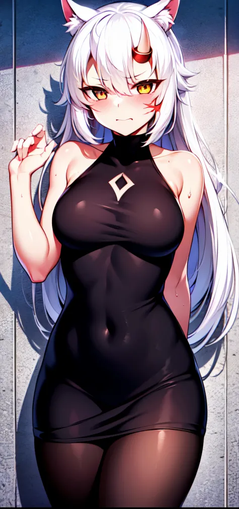 masterpiece, best quality, high resolution, 1girl, solo, (((beautiful body))), Perfect hands, gorgeous, long_hair, white_hair, ((heterocromia)), red_eyes, yellow_eyes, tsurime_eyes, scar on right eye, smug face, breasts, cat ears, Oni horns, cat_tail, blac...