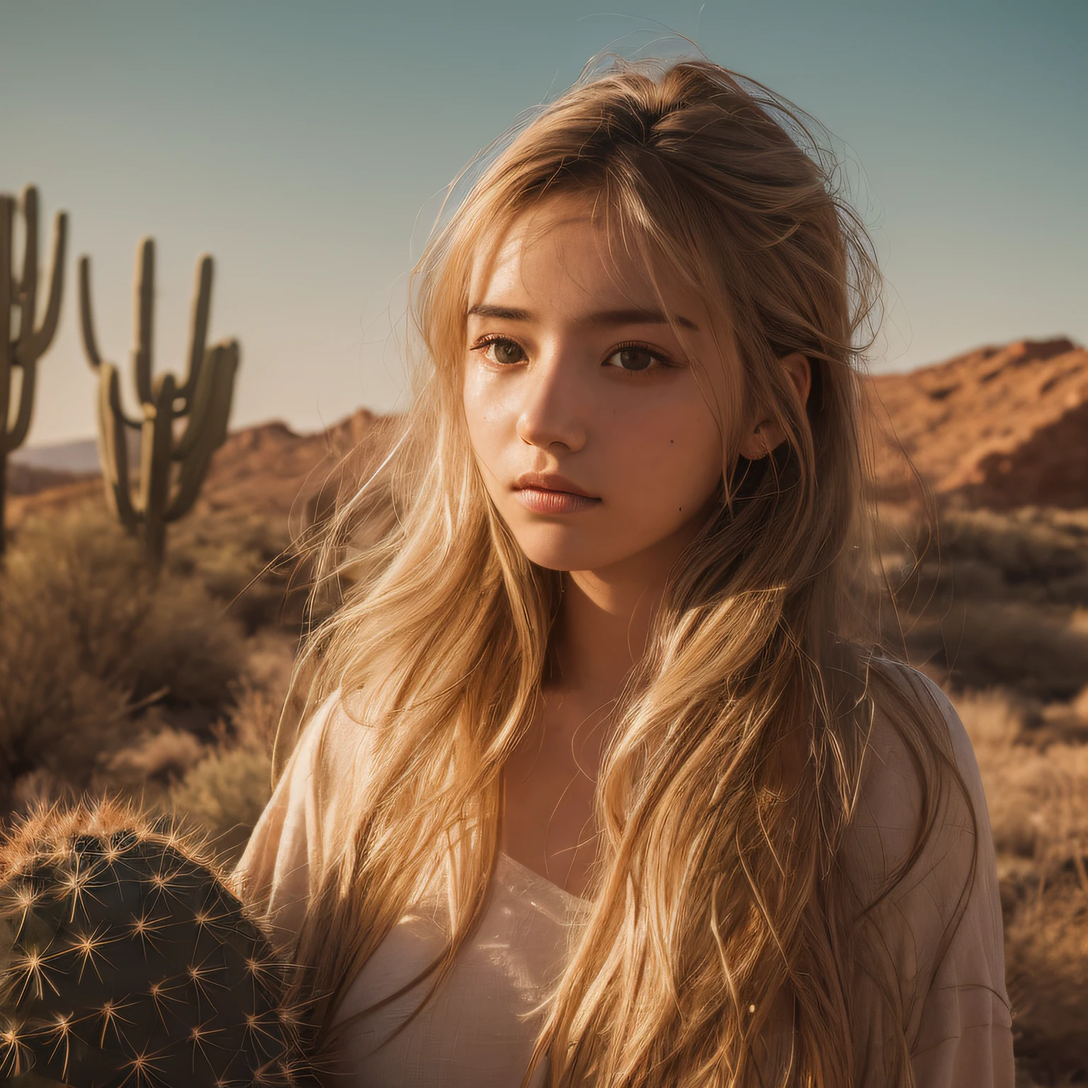 ((of the highest quality)),((masutepiece)),((Very beautiful)), unique light and shadow, One girl, hair messy, Realistic skin texture, rugged desert, cacti, Feminine pose