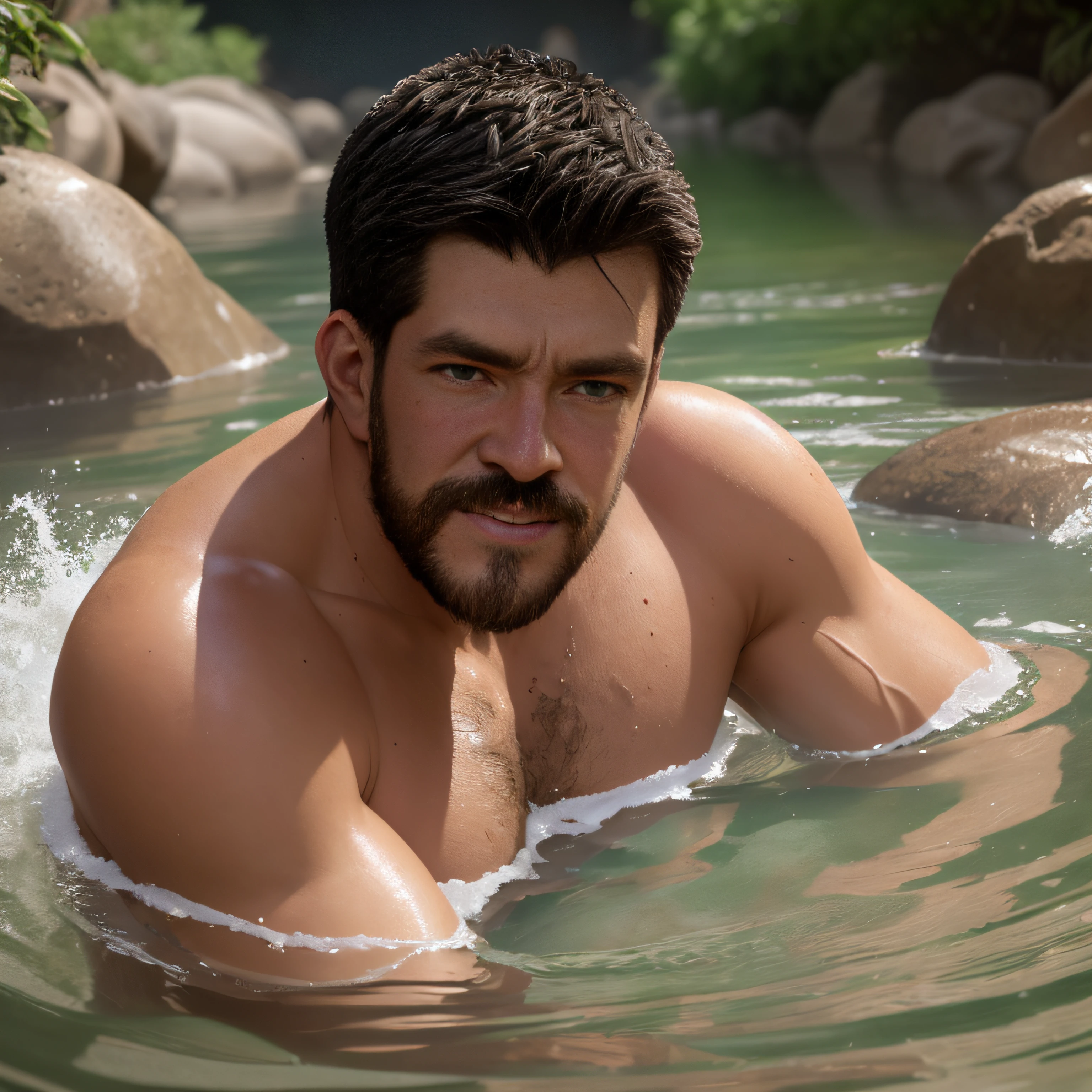 ultrahigh resolution, La mejor calidad, Cinematographer, 4k, (fotorrealista: 1.4), cinematic lighting, A handsome 38-year-old man bathing in a river.., barba, brown eyes