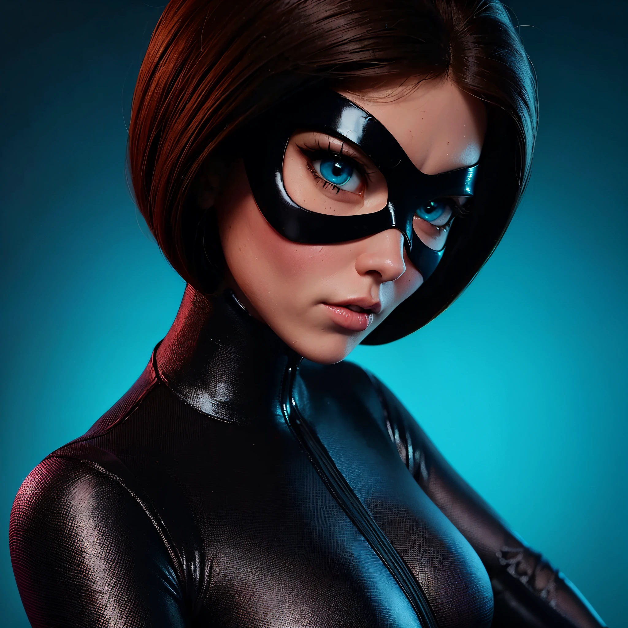Helen Parr, Mind Control, Working for Evil, brown hair, Her eyes glow pink, A black mask covering the eyes, deadpan, BREAK bare shoulders, Black latex leotard, Clothes Cutout, domino mask, heart cutout, knee pad, Leotard, Mask, shoulder cut out, thick thighs, thighs thighs thighs thighs, Wrestling Mask, wrestling outfit,BREAK (masutepiece:1.2), Best Quality, High resolution, (Illustration:0.8), (Beautiful detailed eyes:1.6), extra detailed face, Perfect Lighting, extremely details CG, (Perfect hands, Perfect Anatomy),
