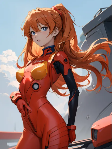 souryu asuka langley, (masutepiece, best quality, detailed), 1girl in, solo, 双臂在头后, cowboy shot, interface headset, red bodysuit...