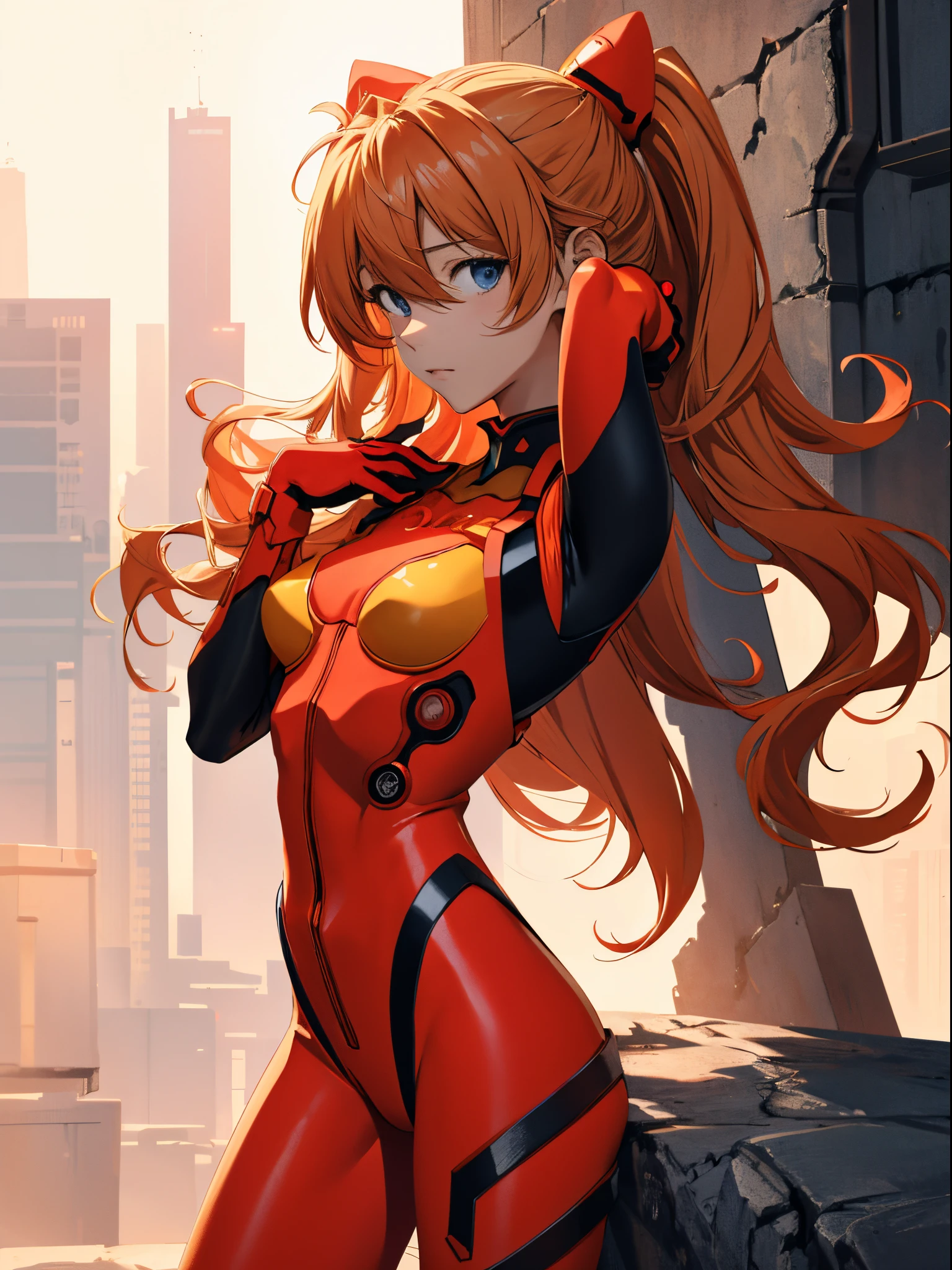 Souryu Asuka Langley, (masutepiece, Best Quality, Detailed), 1girl in, Solo, 双臂在头后, Cowboy Shot, Interface headset, Red bodysuit, Simple background.