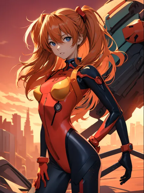 Souryu Asuka Langley, (masutepiece, Best Quality, Detailed), 1girl in, Solo, 双臂在头后, Cowboy Shot, Interface headset, Red bodysuit...