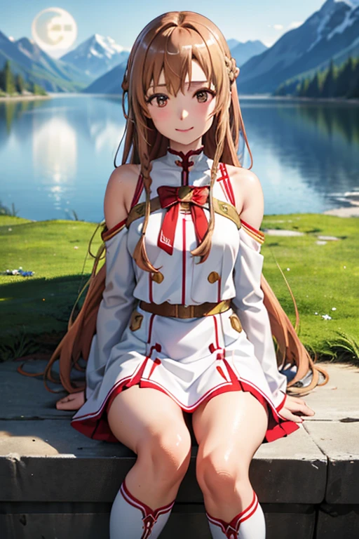 hight resolution),M1necr4ft, ​masterpiece、top-quality、realistic detail、crisp image、, masutepiece, Portrait, 1girl in, Yuuki Asuna, Brown hair, Brown eyes, medium breasts, Long hair, braid, Kotovo, White Gloves, White uniform, White boots, Red skirt, Red strap, Looking at Viewer, Smile,mountains and a lake with a moon in the sky,cat ear