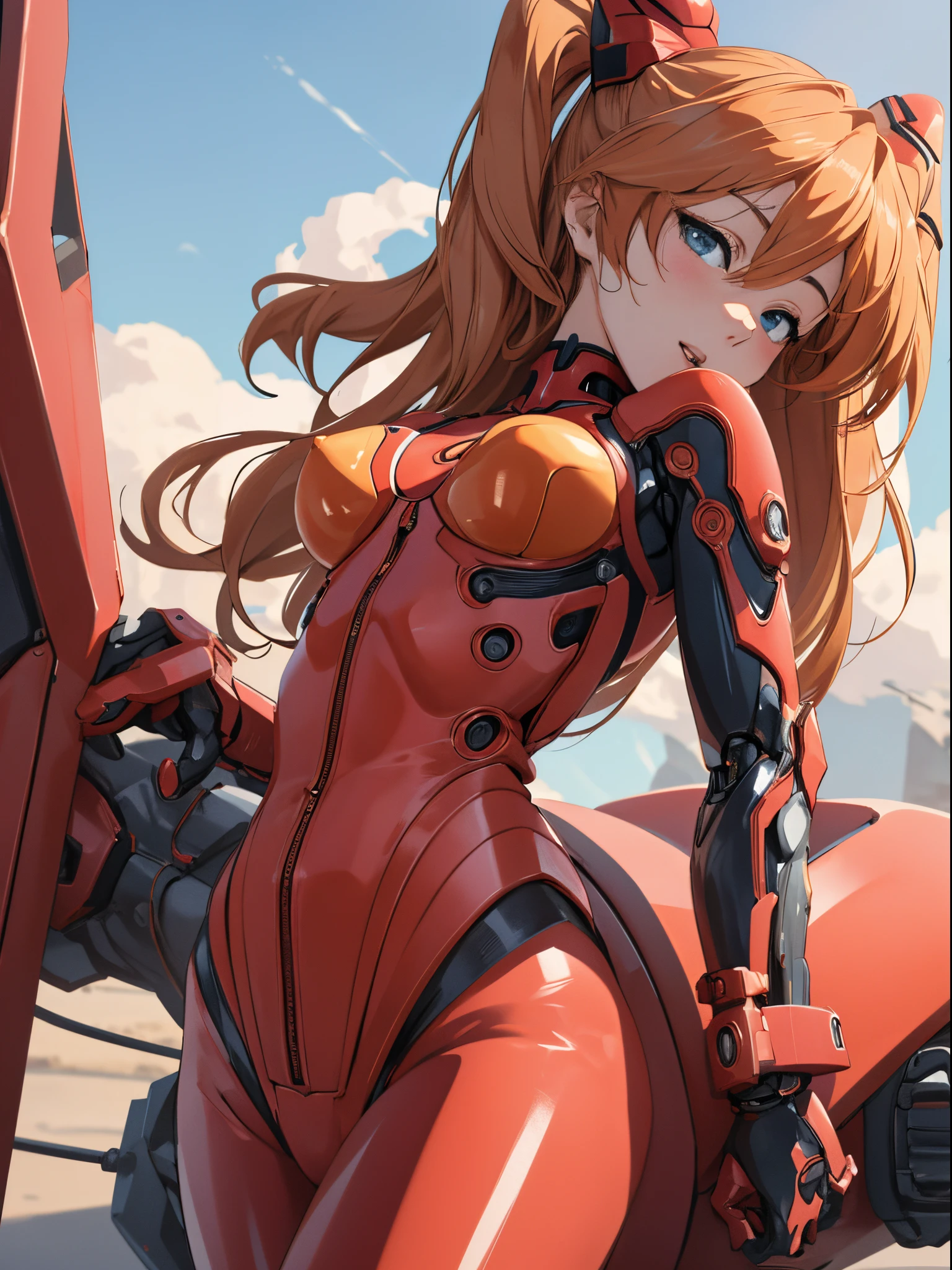 NSFW、(biomechanical oppai, , Seductive girl,)、Souryu Asuka Langley, (masutepiece, Best Quality, Detailed), 1girl in, Solo, 双臂在头后, Cowboy Shot, Interface headset, Red bodysuit, Simple background、Woman in seductive pose、