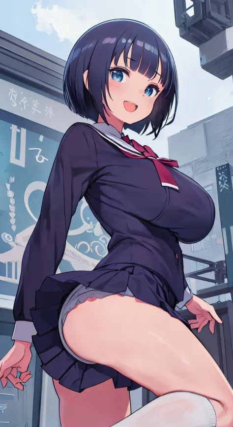 (( 1girl in)), NSFW、blush,well-muscled、Dark blue hair、Blue eyes、(((large full breasts)))、((big butts))、(((thick thighs)))、Sweat、:D、Short hair、bob cuts、Blunt bangs、School uniform、Red mini skirt、Blue jacket、White knee socks、White lace panties、sports ground、F...