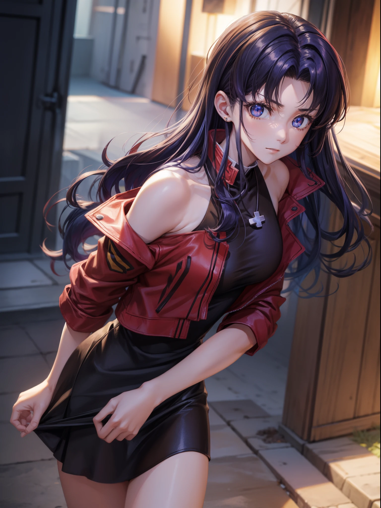 Misato Katsuragi, Misato Katsuragi, lange Haare, (braune Augen:1.5), Blaue Haare, lila Haare, Die Pause hat, Kleid, nackten Schultern, Schmuck, Jacke, Ohrringe, Öffnen Sie Ihre Kleidung, ärmellos, Halskette, Black Kleid, offene Jacke, ärmellos dress, Baskenmütze, kurzes Kleid,  rote Kopfbedeckung, Rote Jacke, Cross Halskette, brechen looking at viewer, brechen outdoors, ein Bett, brechen (Tischplatte:1.2), beste Qualität, Hohe Auflösung, Unity 8k-Hintergrundbild, (Illustration:0.8), (Schöne, detaillierte Augen:1.6), besonders detailliertes Gesicht, Perfekte Beleuchtung, extrem detaillierte CG, (perfekte Hände, Perfekte Anatomie),