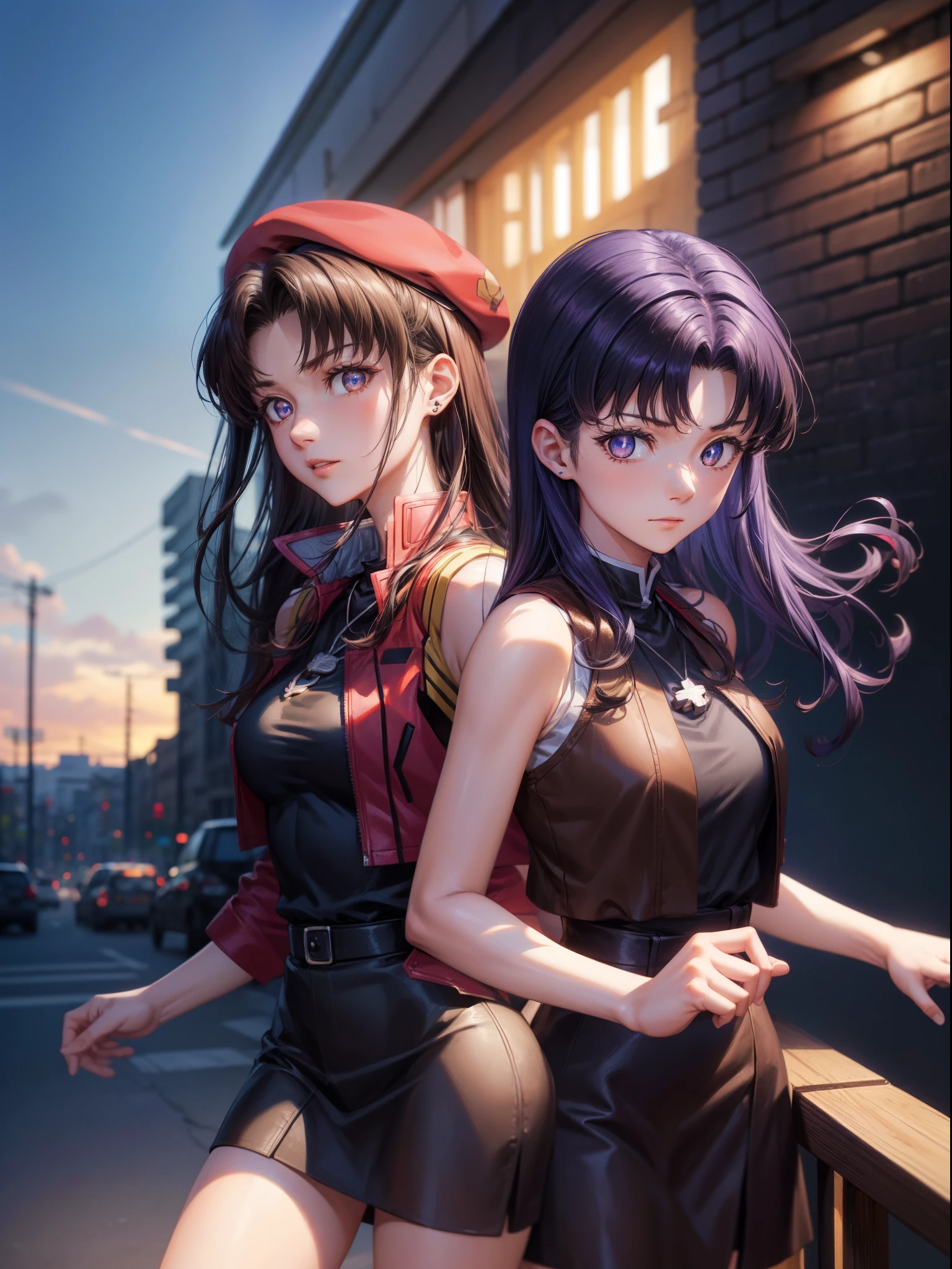 Misato katsuragi, Misato Katsuragi, Long hair, (Brown eyes:1.5), Blue hair, Purple hair, The break has, Dress, Bare shoulders, Jewelry, Jacket, earrings, Open your clothes, Sleeveless, Necklace, Black Dress, Open jacket, Sleeveless dress, beret, Short dress,  red headwear, Red jacket, Cross Necklace, BREAK looking at viewer, BREAK outdoors, a bed, BREAK (masutepiece:1.2), Best Quality, High resolution, Unity 8k壁纸, (Illustration:0.8), (Beautiful detailed eyes:1.6), extra detailed face, Perfect Lighting, extremely details CG, (Perfect hands, Perfect Anatomy),