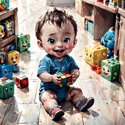 a cartoon baby sitting on a floor with happy face, and Rubik's Cube in hands and bunch of toys around him
