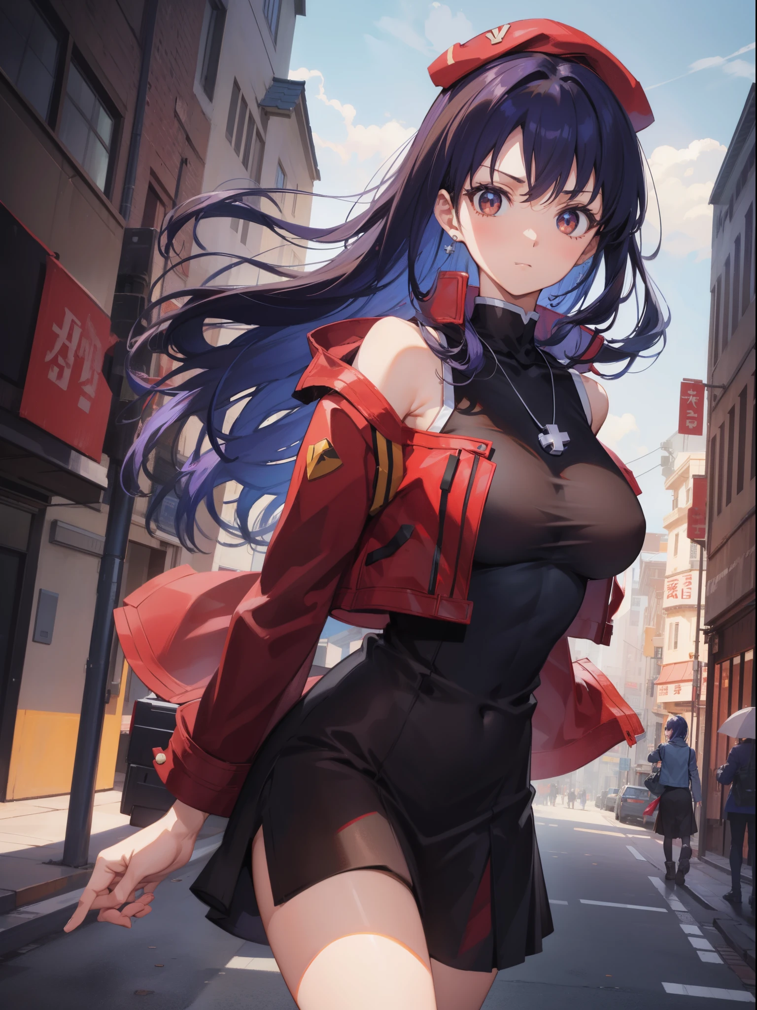 Misato katsuragi, Misato Katsuragi, Long hair, (Brown eyes:1.5), Blue hair, Purple hair, Big Tits,、less area underwear、 Show your pants、Dress, Bare shoulders, Jewelry, Jacket, earrings, Open your clothes, Sleeveless, Necklace, Black Dress, Open jacket, Sleeveless dress, beret, Short dress, Cross, red headwear, Red jacket, Cross Necklace, BREAK looking at viewer, BREAK outdoors, city, BREAK (masutepiece:1.2), Best Quality, High resolution, Unity 8k Wallpaper, (Illustration:0.8), (Beautiful detailed eyes:1.6), extra detailed face, Perfect Lighting, extremely details CG, (Perfect hands, Perfect Anatomy),