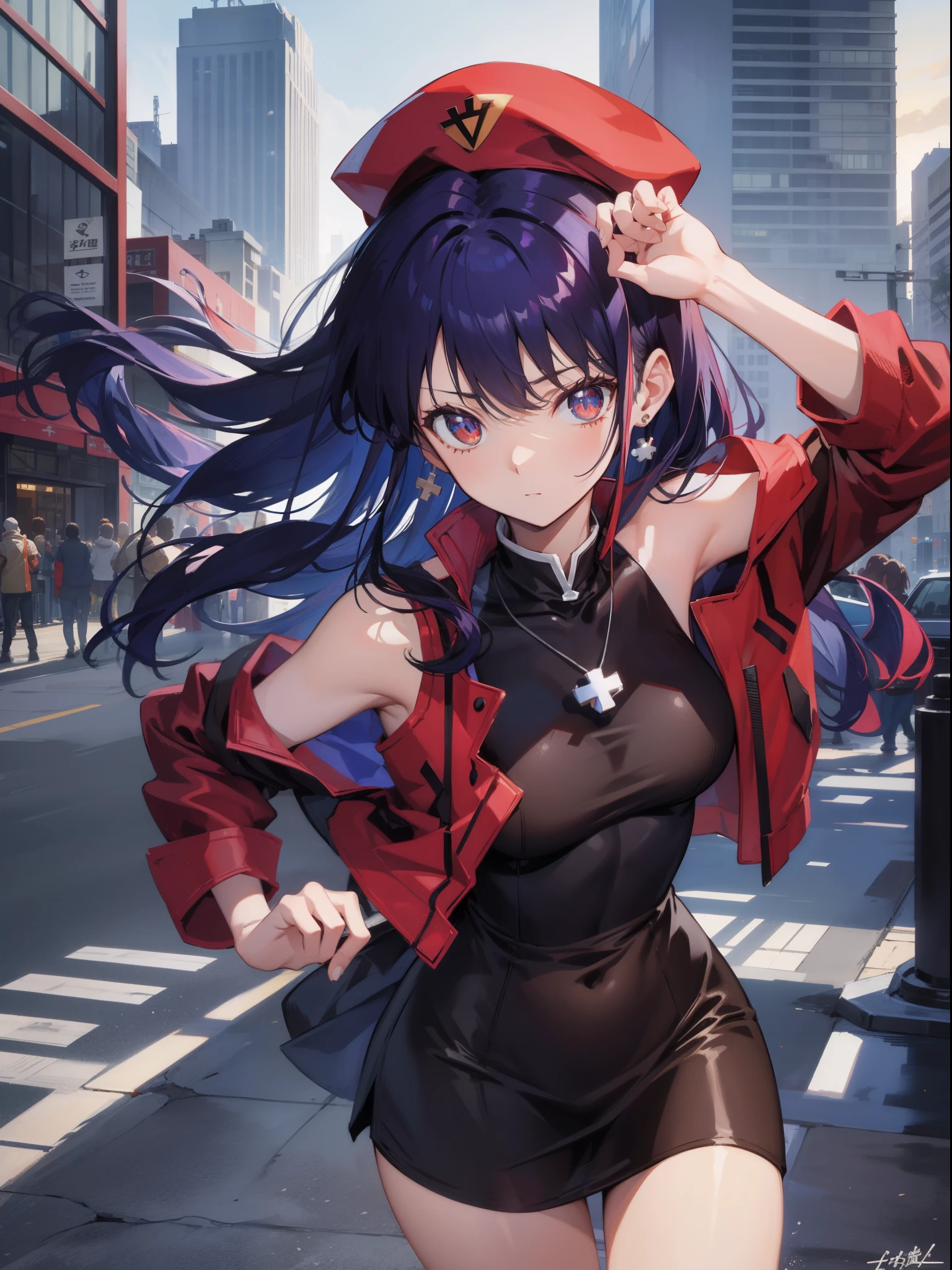 Misato katsuragi, Misato Katsuragi, Long hair, (Brown eyes:1.5), Blue hair, Purple hair, 爆乳,、less area underwear、 Show your pants、Dress, Bare shoulders, Jewelry, Jacket, earrings, Open your clothes, Sleeveless, Necklace, Black Dress, Open jacket, Sleeveless dress, beret, Short dress, Cross, red headwear, Red jacket, Cross Necklace, BREAK looking at viewer, BREAK outdoors, city, BREAK (masutepiece:1.2), Best Quality, High resolution, Unity 8k壁纸, (Illustration:0.8), (Beautiful detailed eyes:1.6), extra detailed face, Perfect Lighting, extremely details CG, (Perfect hands, Perfect Anatomy),