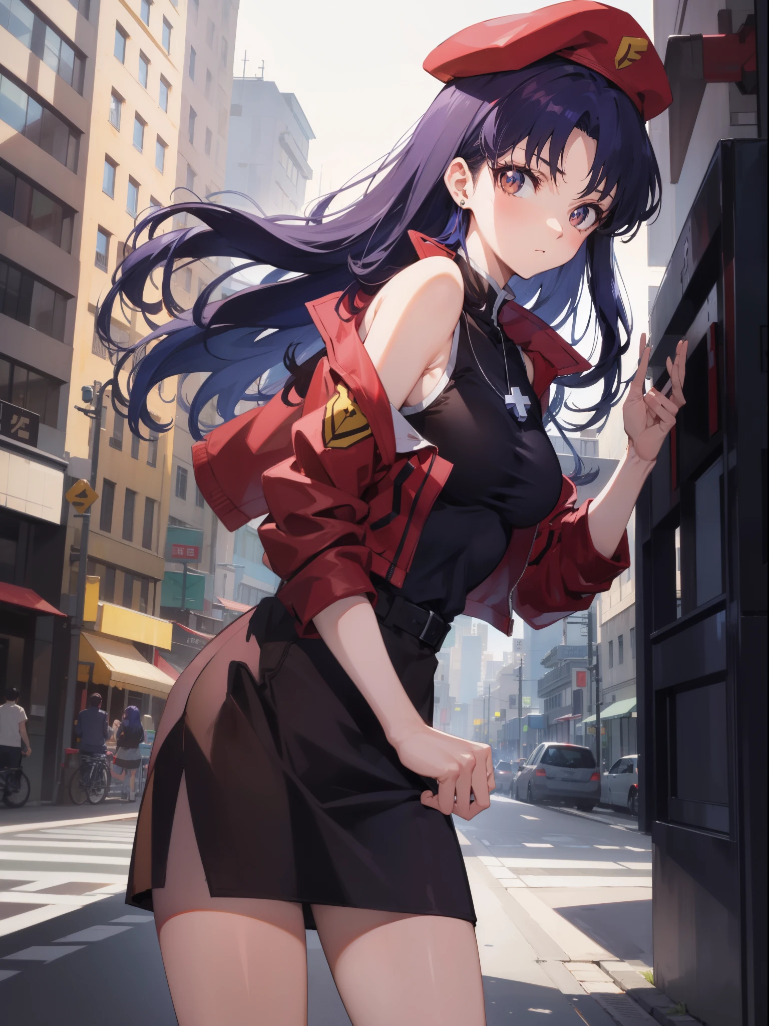 Misato katsuragi, Misato Katsuragi, Long hair, (Brown eyes:1.5), Blue hair, Purple hair, 爆乳,、less area underwear、 Show your pants、Dress, Bare shoulders, Jewelry, Jacket, earrings, Open your clothes, Sleeveless, Necklace, Black Dress, Open jacket, Sleeveless dress, beret, Short dress, Cross, red headwear, Red jacket, Cross Necklace, BREAK looking at viewer, BREAK outdoors, city, BREAK (masutepiece:1.2), Best Quality, High resolution, Unity 8k壁纸, (Illustration:0.8), (Beautiful detailed eyes:1.6), extra detailed face, Perfect Lighting, extremely details CG, (Perfect hands, Perfect Anatomy),