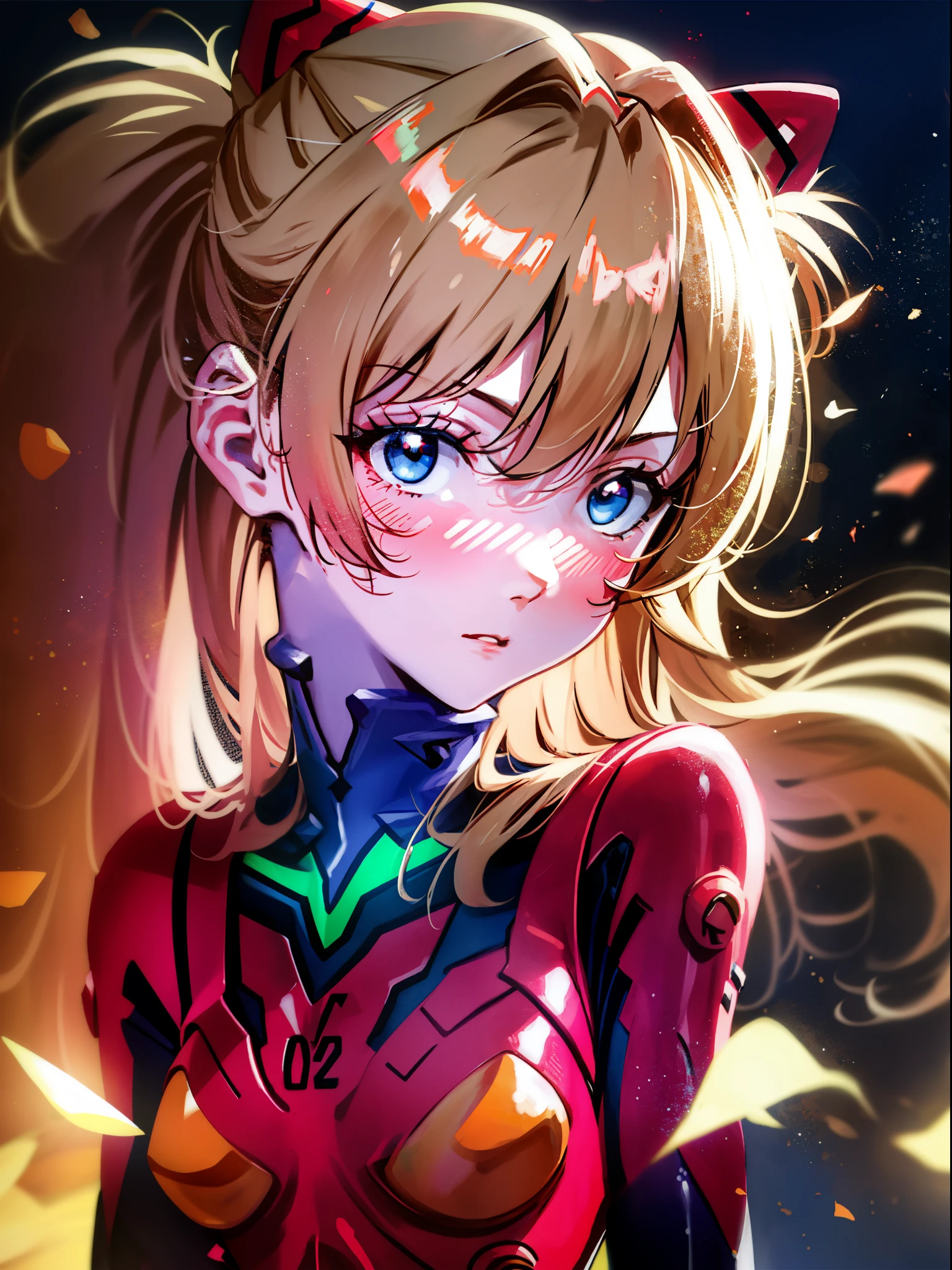 Shikiha Asuka Langre, ASUKA, Evangelion, EVA 02, wearing a red EVA pilot combat suit, high heels on her feet, tsundere girl, slender, juvenile, with almond-shaped sky blue eyes, long eyelashes, shiny lips, tsundere and playful expression, full body portrait, hair bobbles, longeyelashes, light smile, ear blush, fang, blonde hair, twintails, heart-shaped pupils, Surrealism, drop shadow, stereogram, tachi-e, pov, atmospheric perspective, Futurism, anime style, cinematic lighting, sparkle, ray tracing, drop shadow, speed lines, tachi-e, diffraction spikes, f/16, 8k, super detail, ccurate, best quality, retina, masterpiece, award winning, textured skin