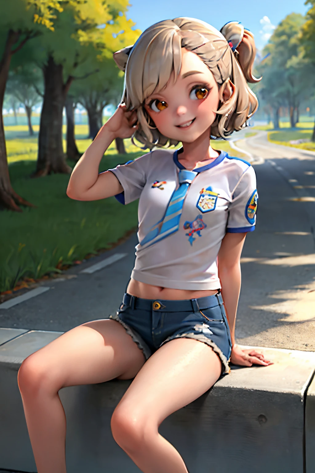 girlish, SWSKY, short hair, gray hair, side ponytail, cat, beltt, Shorts, blouse, They are smiling, Standing, (forest:1.3), looking at the viewer, from below,