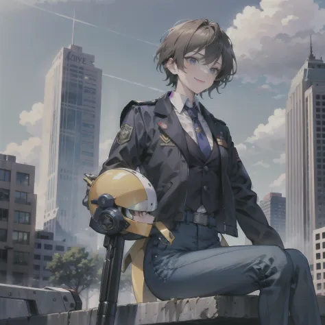 ground_destroyed mecha, destroyed mecha, mecha, brown_hair, jacket, sitting, gloves, long_sleeves, pants, patlabor, 1girl, sky, ...