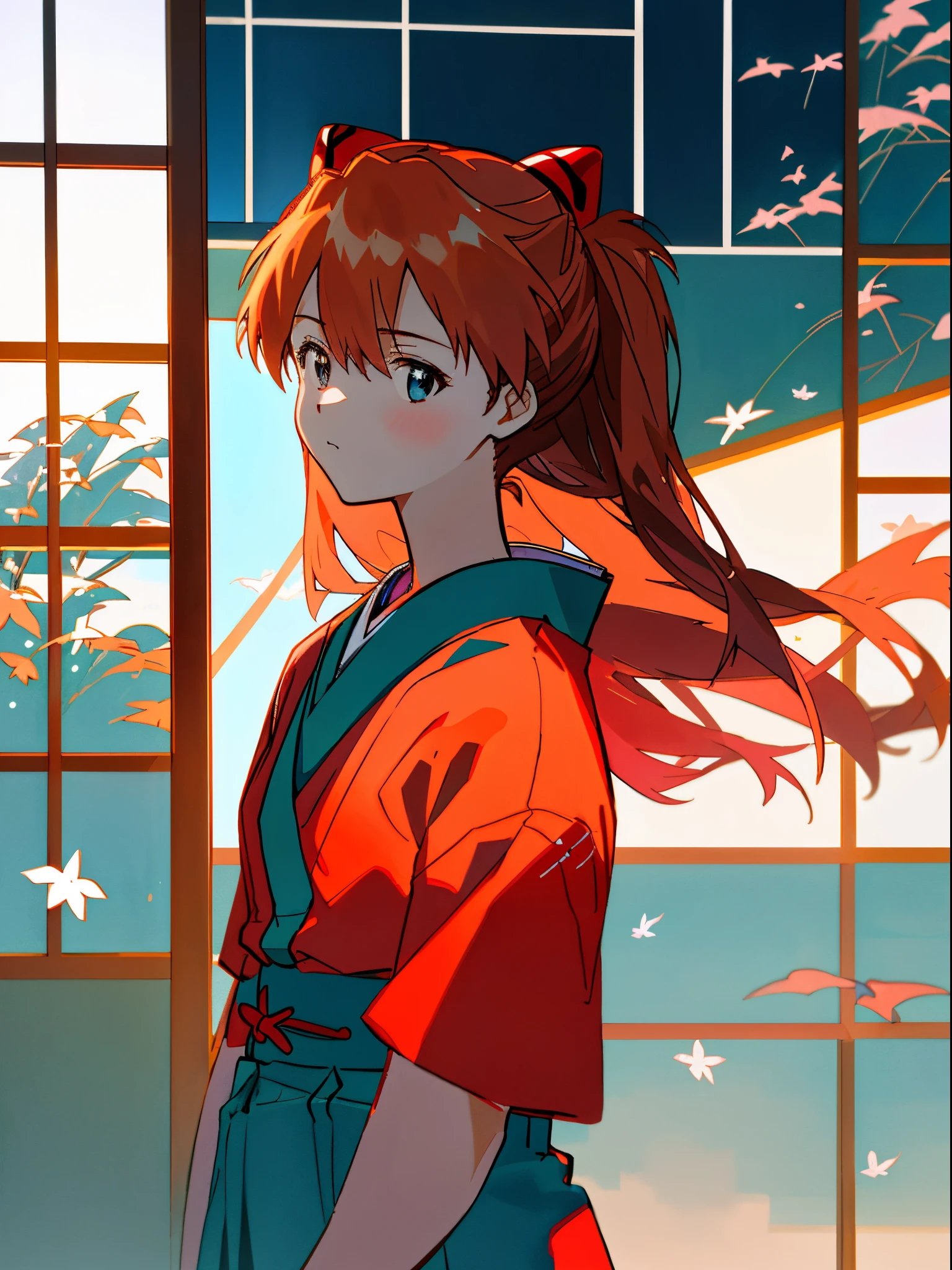 1 girl, Asuka,Japan school uniform, Evangelion, 8K, 爆乳、Best Quality, japanese cloth, Looking out the window, 更多的细节,Suitable for winter, cool style, Bright colors,Sunlight,Revealing kimono、