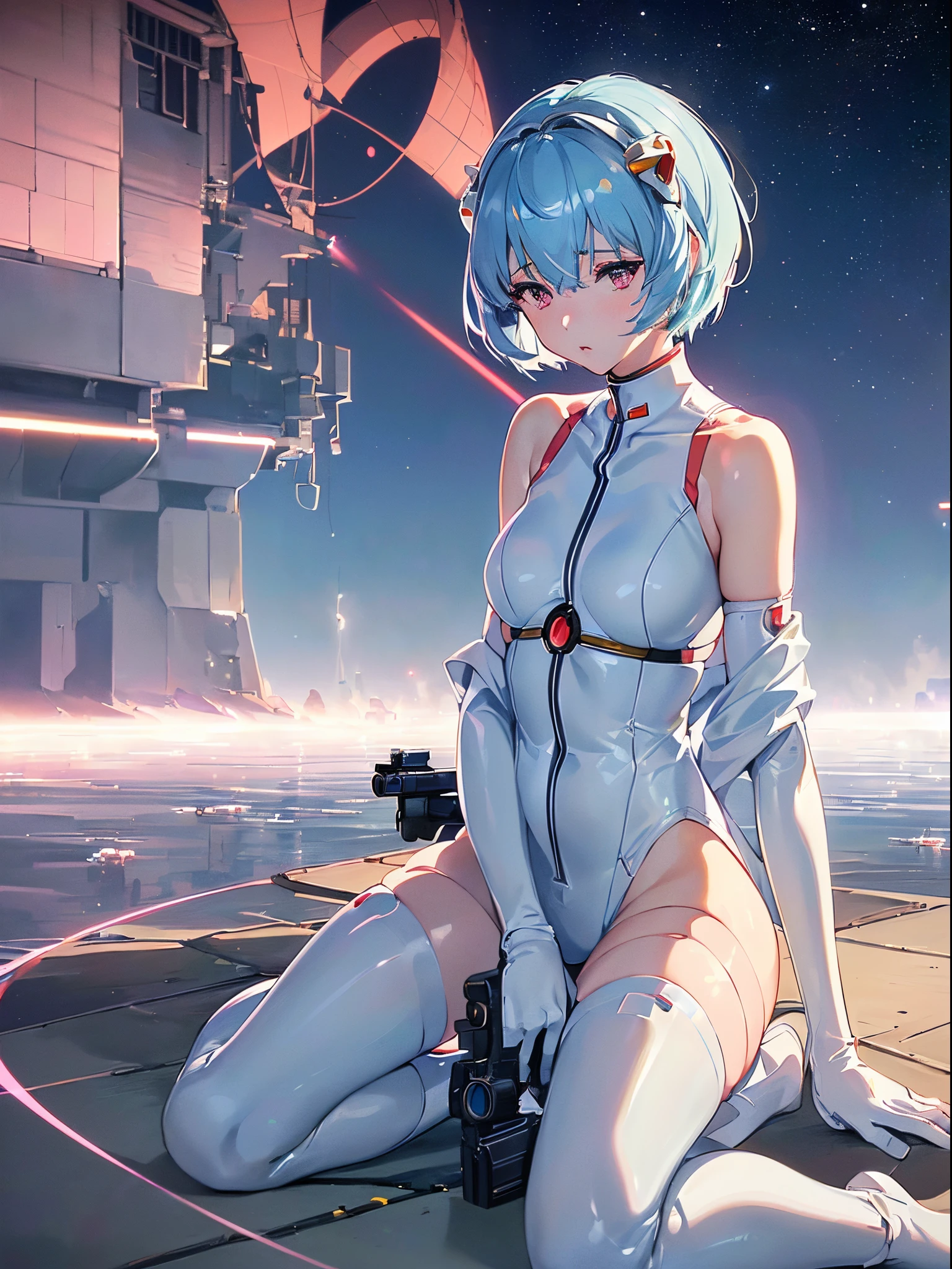 (((Ayanami Rei))),1girl in,Solo,(masutepiece,Best Quality, Official art, Beautiful and aesthetic:1.2),(超A high resolution, (4K), (Photon mapping, Radio City, Physically-based rendering,Automatic White Balance), technological sense,amazing,爆乳,Rich background, (((High detailed skin,)))Dynamic lighting,intricate detailed outfit,kawaii,Watery eyes,((Short hair,))deadpan, skiny, turtle neck, body suit, mechs,(masterpiece sidelighting),(a beauty girl,The sheen),(sky blue hair,Pink eyes,）[[Delicate fingers and hands:0.55]::0.85],(Detail fingers),(kneel down on the ground), 20d,((universe:1.4),gun,(Shooting position:1.3),