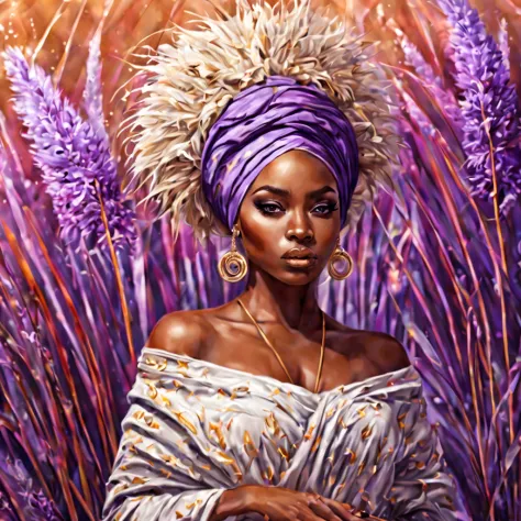 beautiful girl, turban, lavender, pampas grass, abstract, floral botanical, fantasy, african style, beautiful, realistic, white,...