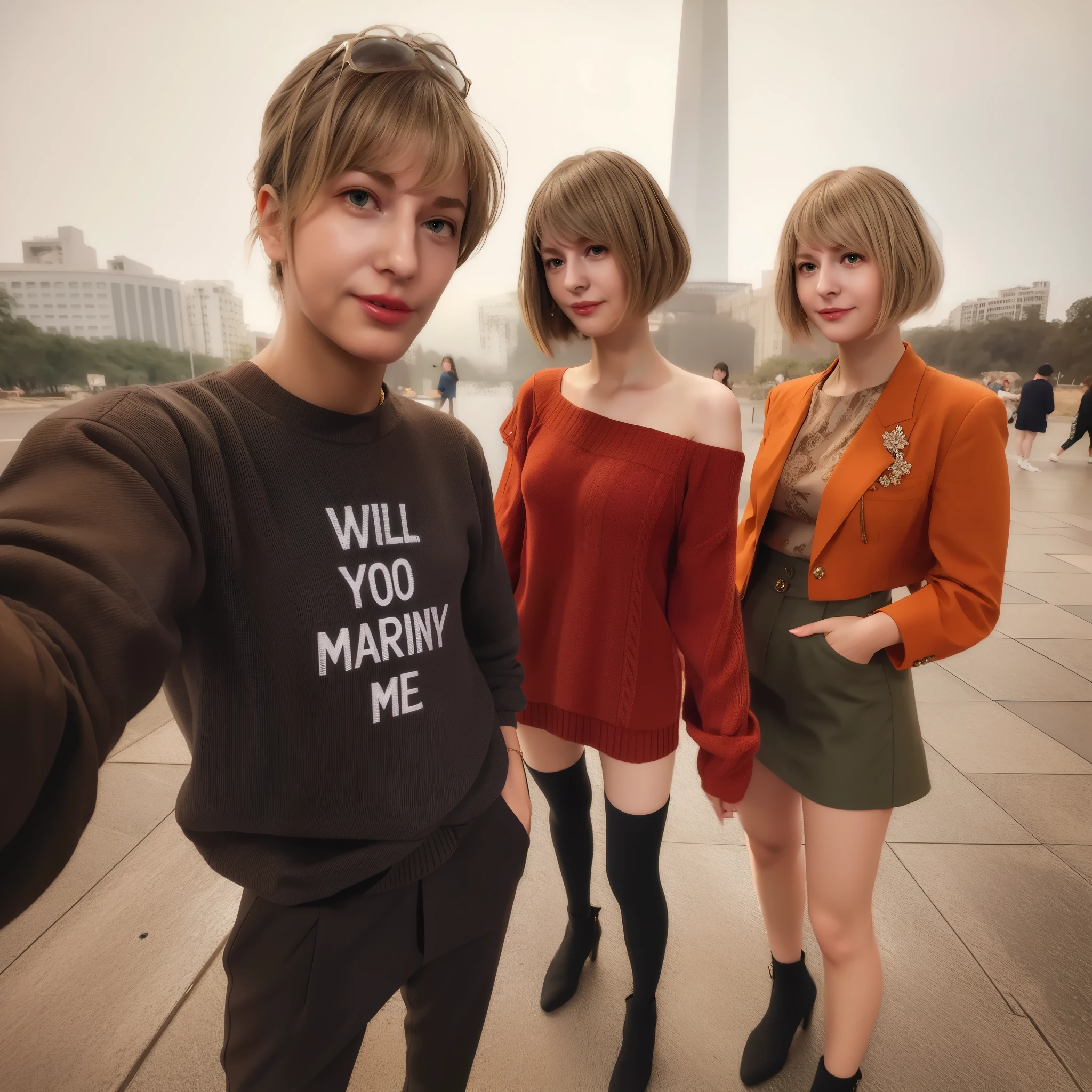 Three people are posing for a picture in front of the washington monument -  SeaArt AI