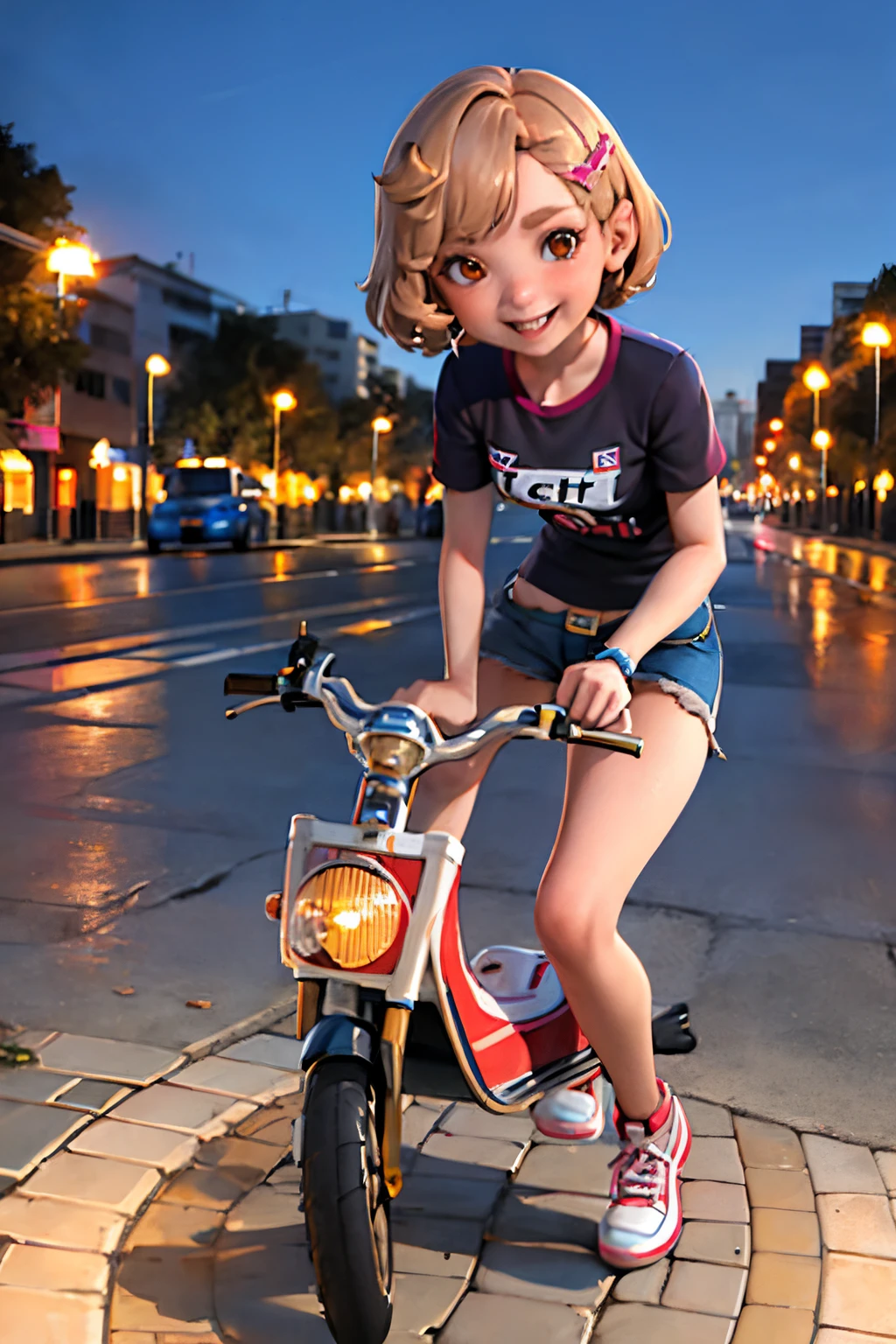 girlish, short hair, Black hair, side ponytail, beltt, Shorts, strap blouse, They are smiling, Standing, street park, evening,lamp base,looking at the viewer, from below,SEX, Seduce,Hot