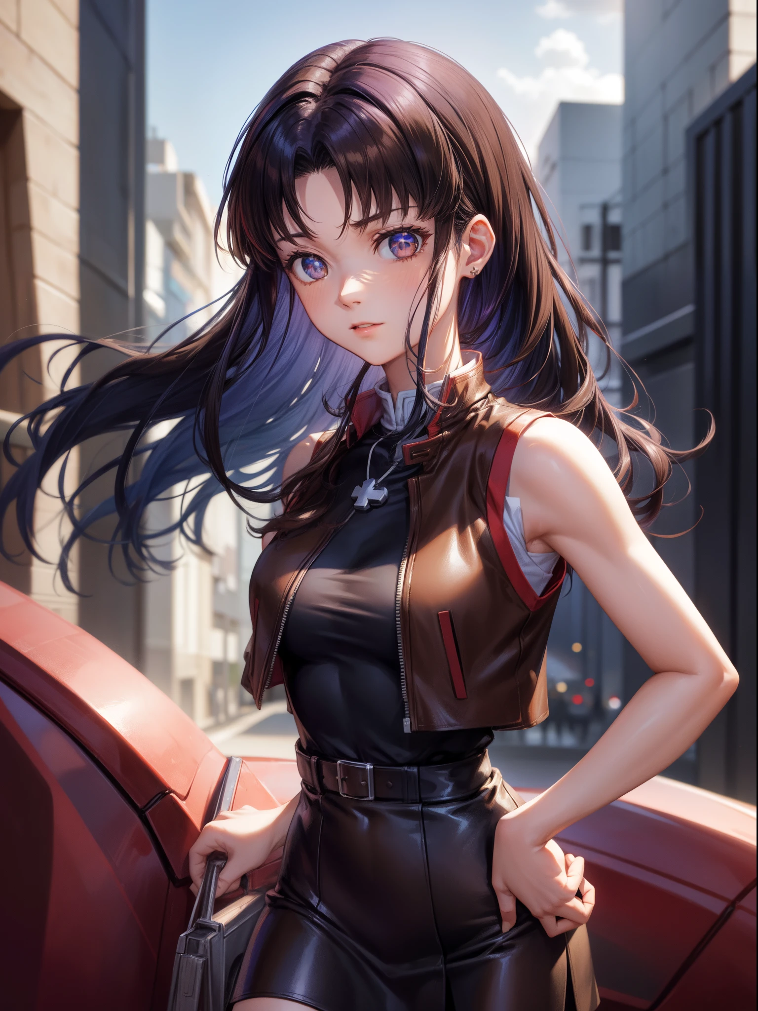 NSFW、Misato Katsuragi, Misato Katsuragi, Long hair, (Brown eyes:1.5), Blue hair, Purple hair, Breaks have, Dress, Bare shoulders, Jewelry, Jacket, earrings, Open your clothes, Sleeveless, Necklace, Black Dress, Open jacket, Sleeveless dress, beret, Short dress,  red headwear, Red jacket, Cross Necklace, BREAK looking at viewer, BREAK outdoors, a bed, BREAK (masutepiece:1.2), Best Quality, High resolution, Unity 8k壁纸, (Illustration:0.8), (Beautiful detailed eyes:1.6), extra detailed face, Perfect Lighting, extremely details CG, (Perfect hands, Perfect Anatomy),