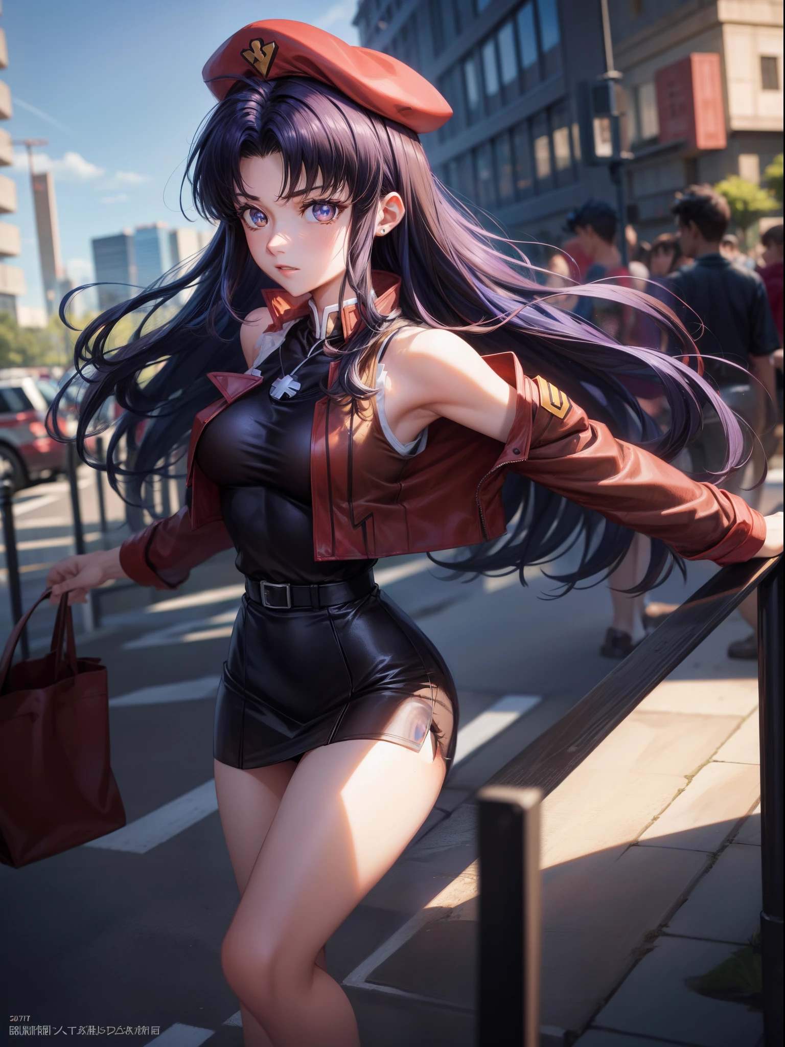 NSFW、Misato Katsuragi, Misato Katsuragi, Long hair, (Brown eyes:1.5), Blue hair, Purple hair, Breaks have, Dress, Bare shoulders, Jewelry, Jacket, earrings, Open your clothes, Sleeveless, Necklace, Black Dress, Open jacket, Sleeveless dress, beret, Short dress,  red headwear, Red jacket, Cross Necklace, BREAK looking at viewer, BREAK outdoors, a bed, BREAK (masutepiece:1.2), Best Quality, High resolution, Unity 8k壁纸, (Illustration:0.8), (Beautiful detailed eyes:1.6), extra detailed face, Perfect Lighting, extremely details CG, (Perfect hands, Perfect Anatomy),