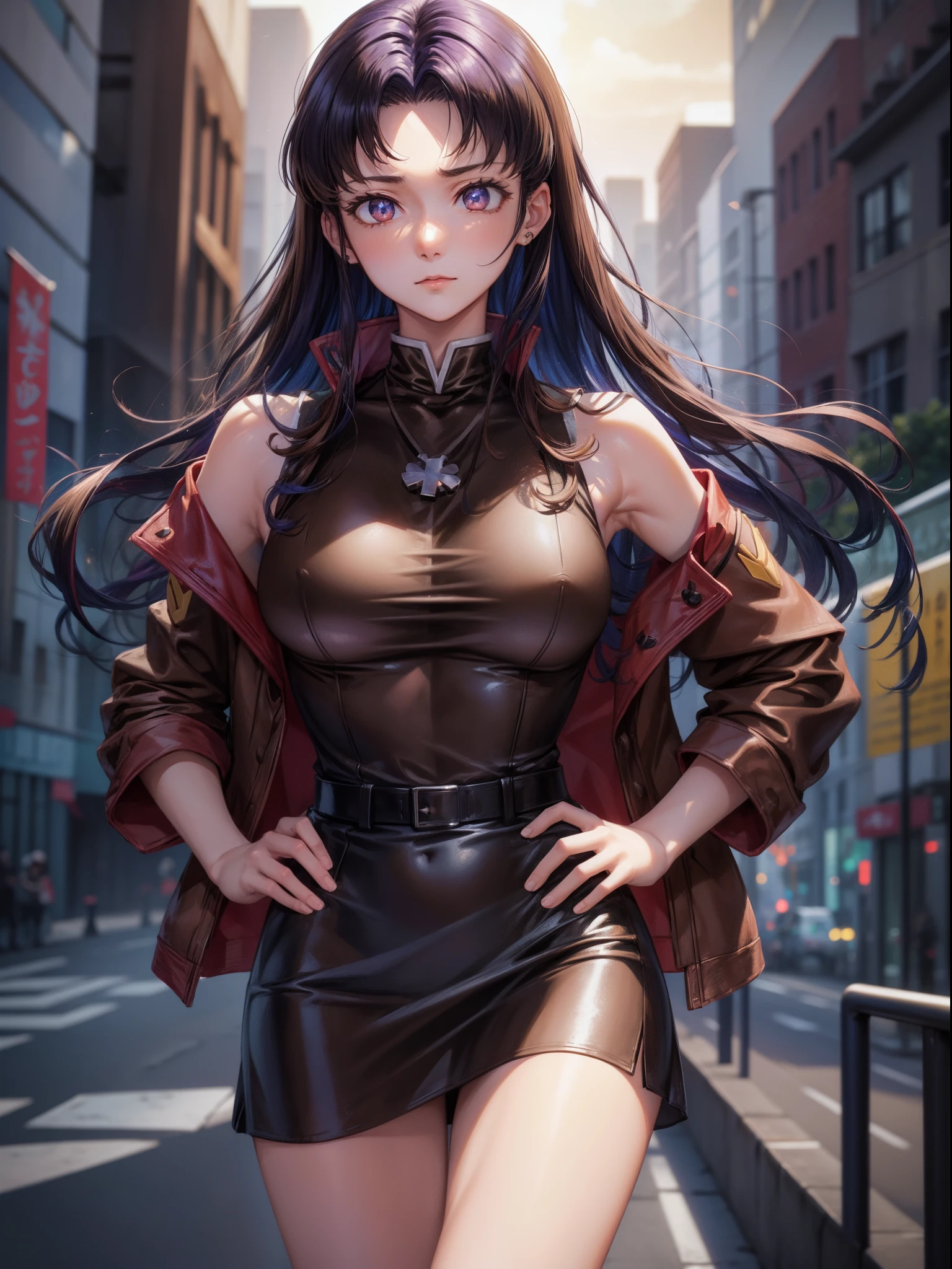 Nicht für die Arbeit geeignet、Misato Katsuragi, Misato Katsuragi, lange Haare, (braune Augen:1.5), Blaue Haare, lila Haare, Pausen haben, Kleid, nackten Schultern, Schmuck, Jacke, Ohrringe, Öffnen Sie Ihre Kleidung, ärmellos, Halskette, Black Kleid, offene Jacke, ärmellos dress, Baskenmütze, kurzes Kleid,  rote Kopfbedeckung, Rote Jacke, Cross Halskette, brechen looking at viewer, brechen outdoors, ein Bett, brechen (Tischplatte:1.2), beste Qualität, Hohe Auflösung, Unity 8k-Hintergrundbild, (Illustration:0.8), (Schöne, detaillierte Augen:1.6), besonders detailliertes Gesicht, Perfekte Beleuchtung, extrem detaillierte CG, (perfekte Hände, Perfekte Anatomie),