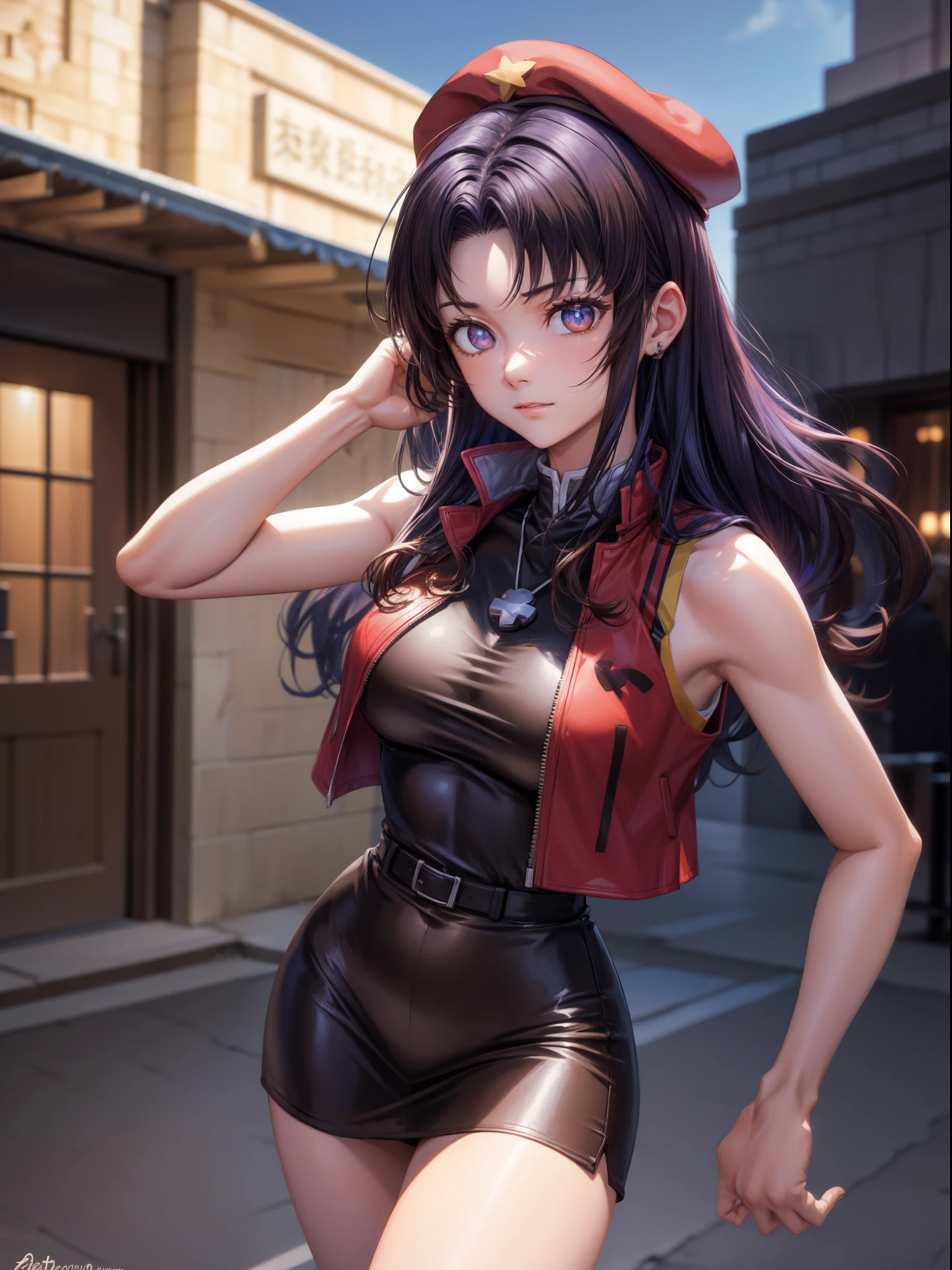 NSFW、misato katsuragi, misato katsuragi, pelo largo, (Ojos cafés:1.5), pelo azul, cabello purpura, Los descansos tienen, vestido, hombros descubiertos, joyas, chaqueta, pendientes, abre tu ropa, Sin mangas, collar, Black vestido, chaqueta abierta, Sin mangas dress, boina, vestido corto,  sombreros rojos, chaqueta roja, Cross collar, descanso mirando al espectador, descansar al aire libre, una cama, BREAK (mesa:1.2), mejor calidad, Alta resolución, Fondo de pantalla de unidad 8k, (ilustración:0.8), (hermosos ojos detallados:1.6), cara extra detallada, Iluminación perfecta, extremadamente detalles CG, (manos perfectas, anatomía perfecta),