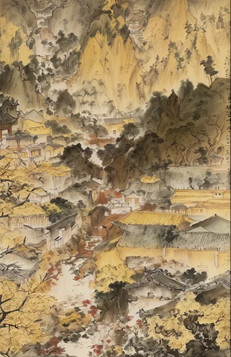 Small village overlooking the creek, style influenced by ancient Chinese art, light yellow and light black, Chinese painting, ink painting, Bada Shanren, Xu Wei, Shi Tao, organic architecture, hiking, earthy naturalism