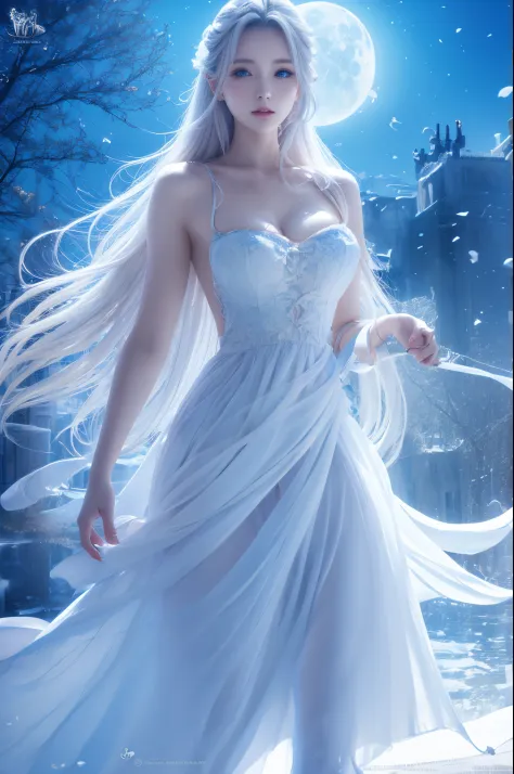 German woman, eBlue eyes, White wedding dress，Long white hair overlooking the city................., beautiful fantasy art, Ethe...