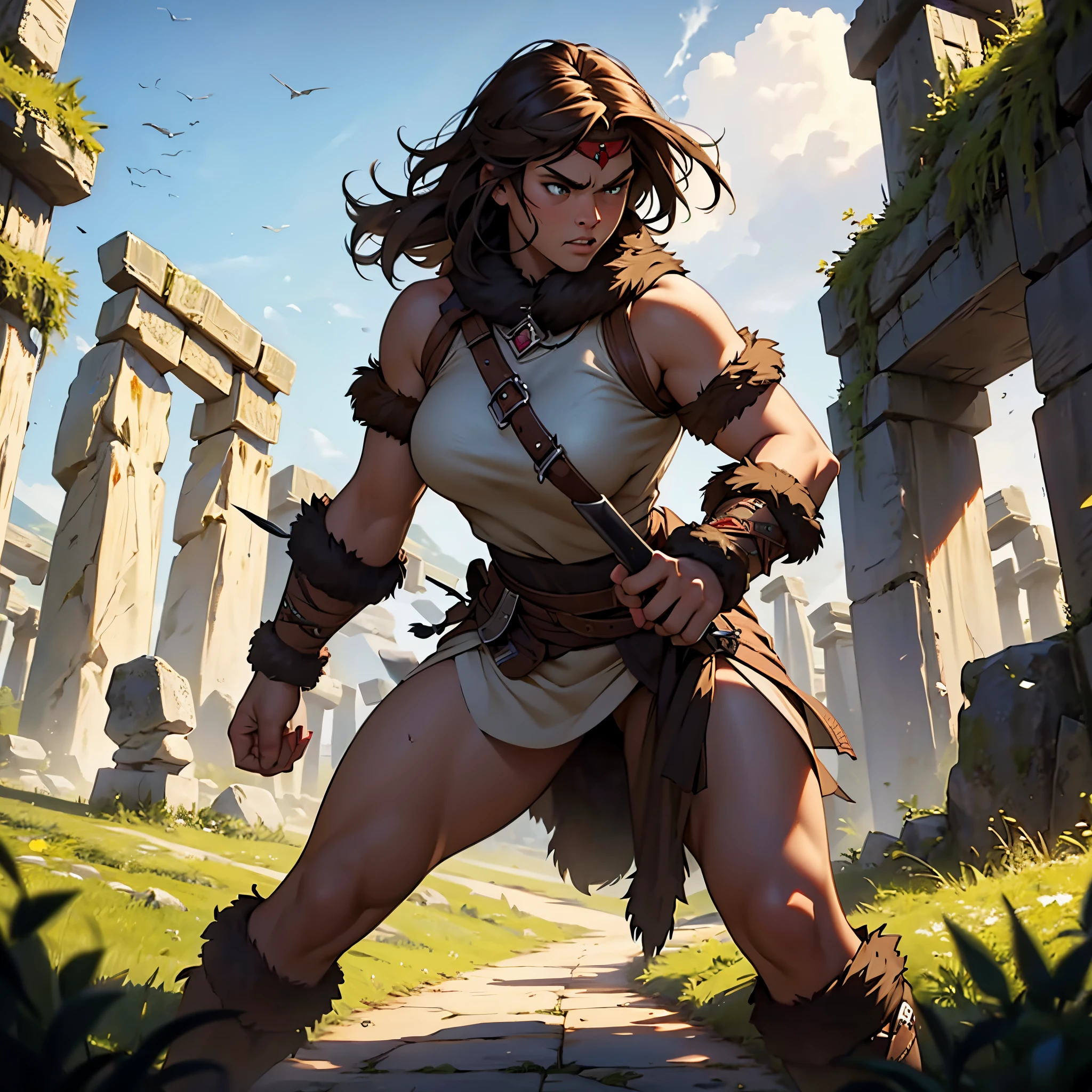 ​masterpiece, Best Quality, detailed, Cinematics, 4k, Background with: In front of Highland Stonehenge, A barbarian female warrior wearing a bearskin...(brown stray hair), angry