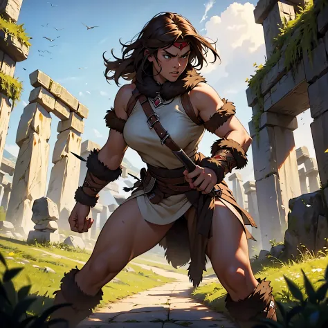 ​masterpiece, Best Quality, detailed, Cinematics, 4k, Background with: In front of Highland Stonehenge, A barbarian female warri...