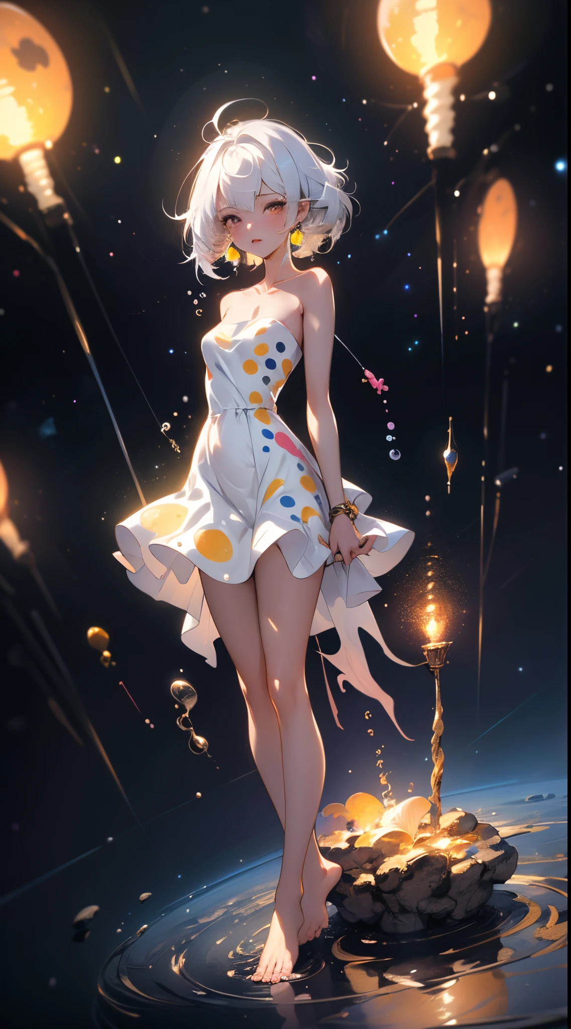 (tmasterpiece, Best quality:1.2), (ultra - detailed),(lamplight), Wallpapers, Original,
1 girl, Messy White Hair, thin shoulder strap, White dress, Bareleged, Barefoot, Naked arms, the space, Earth background, Low Earth orbit, 
,(Surrounded by colorful spots and polka dots),Colorful bubbles,(Shiny)