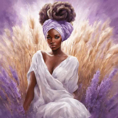 Beautiful girl, turban, lavender, pampas grass, abstract, floral botanical, fantasy, african style, beautiful, realistic, white,...