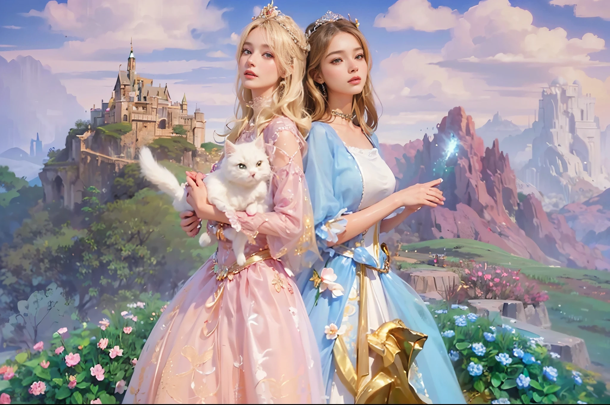 2girls, Sexy barbie wear pink gown with blonde hair holding white persian cat, and sexy barbie with blue white dress with dark brown hair (holding flower) brown dog, barbie the princess and the pauper, princess anneliese  and princess erika, mountain and castle background, flower, masterpiece, best quality:1.2),(8k,highres,RAW photo,realistic,photo-realistic:1.3),(detailed skin texture,detailed cloth texture,beautiful detailed face:1.25),professional lighting,photon mapping,beautiful soft light,radiosity,physically-based rendering,model shoot style, model shoot style, (extremely detailed CG unity 8k wallpaper), full shot body photo of the most beautiful artwork in the world, complex 3d render ultra detailed, looking at viewer, 18 yo, wet hair, real human skin, vibrant details, hyperrealistic, beautiful, octane render, 8k, best quality, masterpiece, an extremely delicate and beautiful, extremely detailed ,CG ,unity ,wallpaper, (realistic, photo-realistic:1.37),Amazing, finely detail, masterpiece,best quality,official art, extremely detailed CG unity 8k wallpaper ,extreme detailed eyes, (perfect face), shiny skin, colorful, highest detailed, vibrant colors, ultra high res, (high contrast), intricate