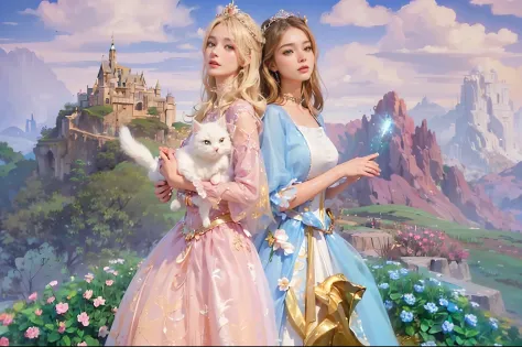 2girls, sexy barbie wear pink gown with blonde hair holding white persian cat, and sexy barbie with blue white dress with dark b...