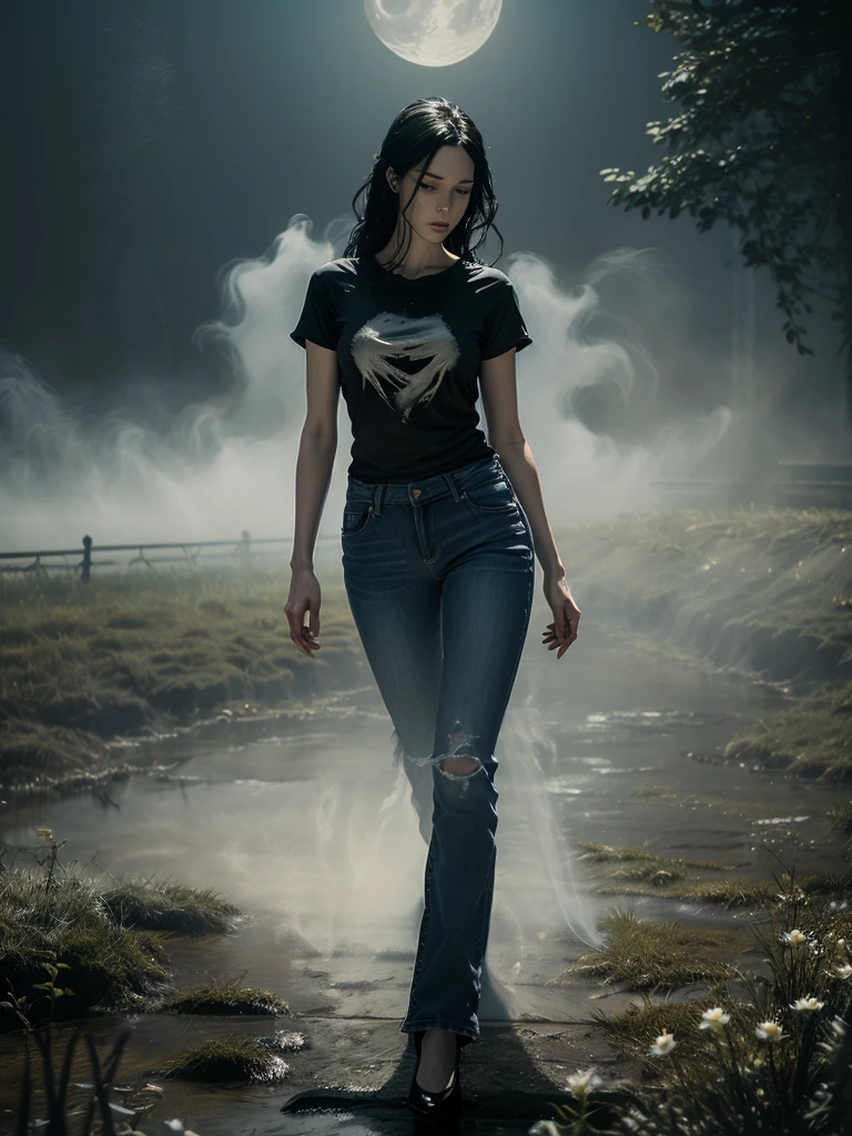 (Young woman, solo, full body,  hyperrealism, t-shirt and jeans), (night), trending on artstation, moonlit, flowering field, hands on hips, (ghostlystyle, ghostly mist), horror, tattered ghostly clothes, ghostdarksouls, wraith