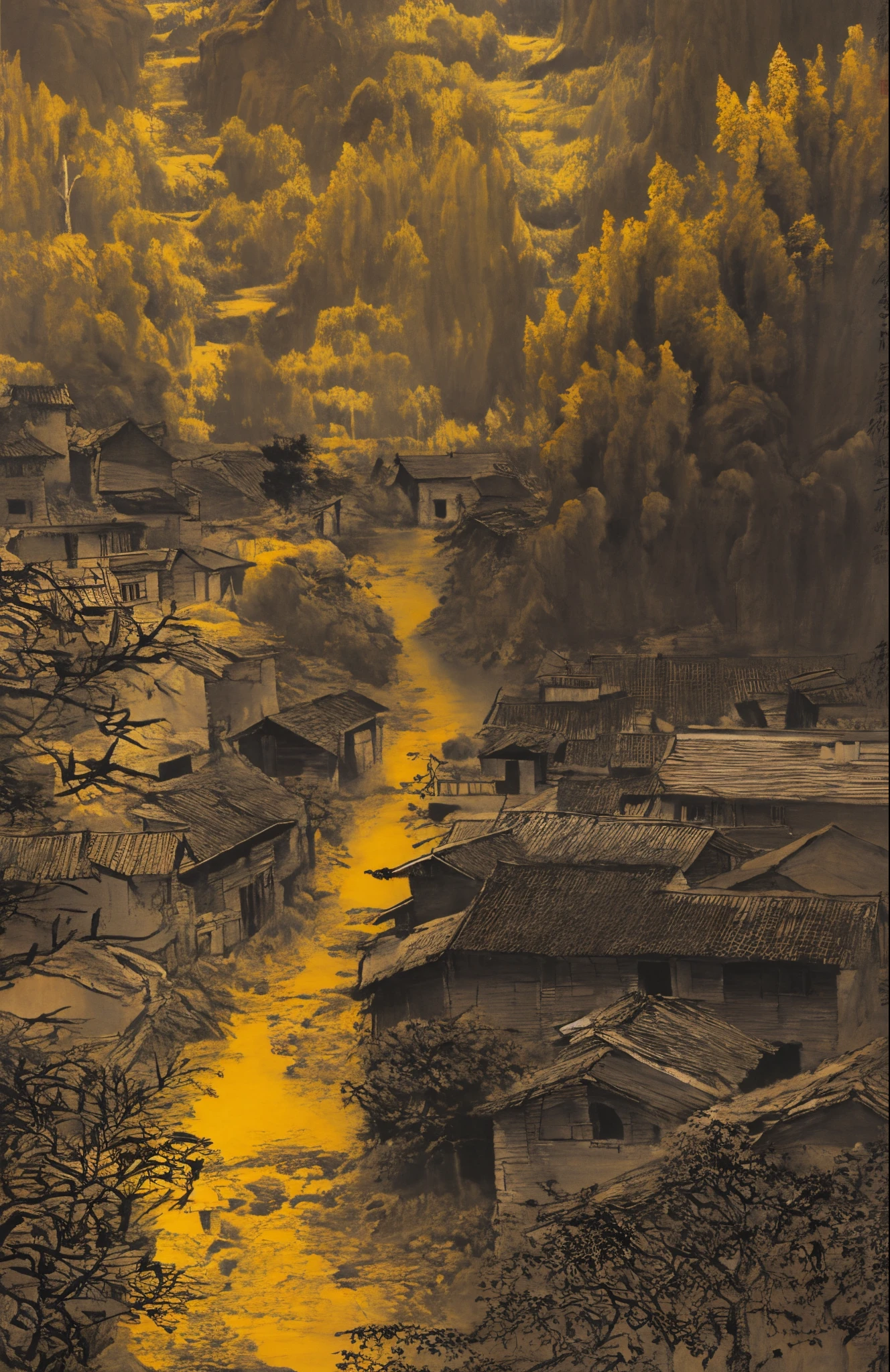 Petit village surplombant le ruisseau, style influencé par l&#39;art chinois ancien, jaune clair et noir clair, peinture chinoise, Peinture à l&#39;encre, Bada Shanren, Xu Wei, Shi Tao, architecture organique, randonnée, Naturalisme terreux
