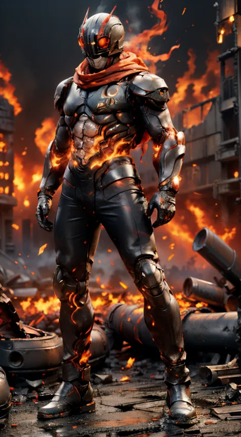 (kamen rider, (standing), (turn around), full body detailed, detailed hands, good fingers, good hands, good legs, red scarf, low hood, ((epic burning city)), ruins, floating, explosion, debris, some fire and glitter background, ultra hd, ultra realistic te...