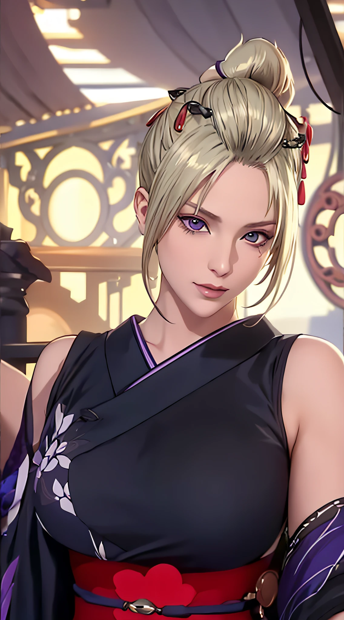 （（（There are scars on the face，Blonde hair, a purple eye, folded ponytail, hair adornments,black kimono,Big crotch，S-shaped body:1.7））），((tmasterpiece)),A high resolution, ((Best quality at best))，tmasterpiece，top-quality，Best quality，（（（ exquisite facial features，looking at viewert,There is light in the eyes，Smilingly，Self-confident ））），（（（Light and shadow interlace））），（（（dynamicposes, 1 girl, (complete figure:0.9), Alone,, sexy women,Body contours，Raised sexy，Realistic silhouette of human body， ((good body)),the girl poses for a photo，Full body lesbian，24 years old female model，perfect foot、have perfect arms，Lie down in bed，clean sheets，Put your hands behind your hair)）））