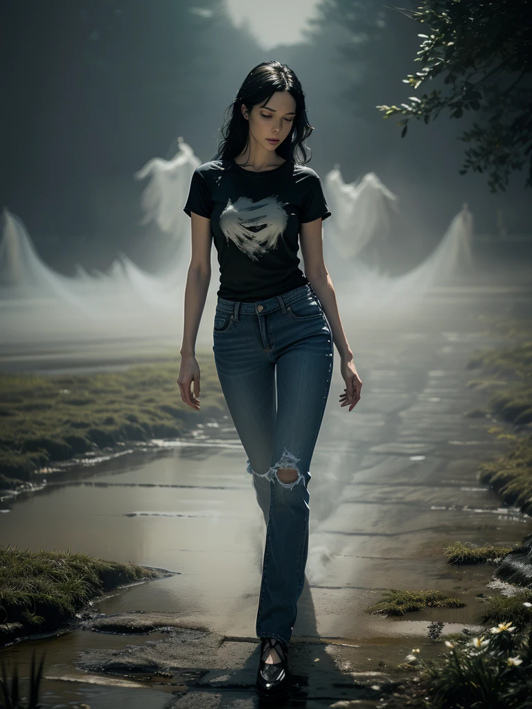 (Young woman, solo, full body,  hyperrealism, t-shirt and jeans), (night), trending on artstation, moonlit, flowering field, hands on hips, (ghostlystyle, ghostly mist), horror, tattered ghostly clothes, ghostdarksouls, wraith