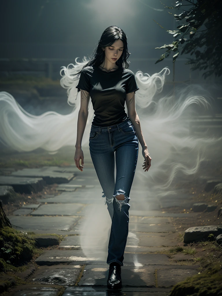 (Young woman, solo, full body,  hyperrealism, t-shirt and jeans), (night), trending on artstation, moonlit, flowering field, hands on hips, (ghostlystyle, ghostly mist), horror, tattered ghostly clothes, ghostdarksouls, wraith