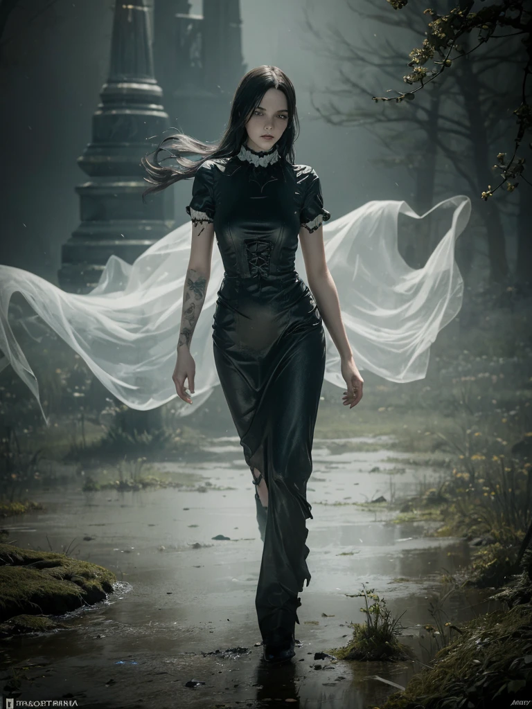 (Young woman, solo, full body,  hyperrealism, gothic dress), (night), trending on artstation, moonlit, flowering field, hands on hips, (ghostlystyle, ghostly mist), horror, tattered ghostly clothes, ghostdarksouls, wraith,  floating