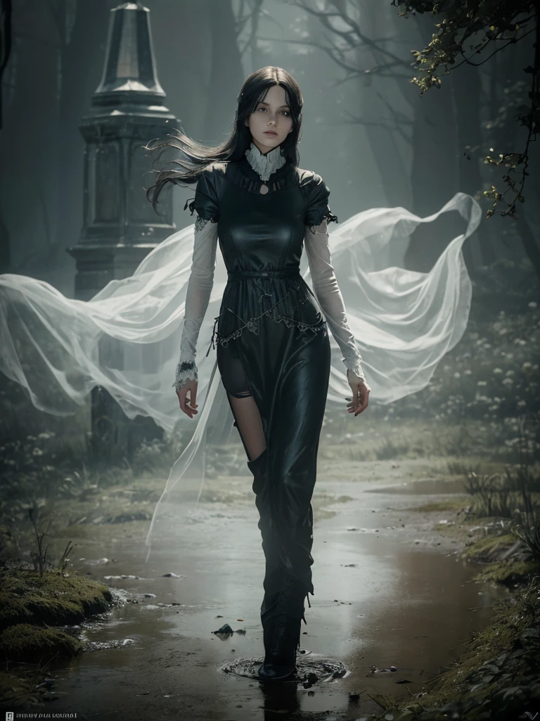 (Young woman, solo, full body,  hyperrealism, gothic dress), (night), trending on artstation, moonlit, flowering field, hands on hips, (ghostlystyle, ghostly mist), horror, tattered ghostly clothes, ghostdarksouls, wraith,  floating